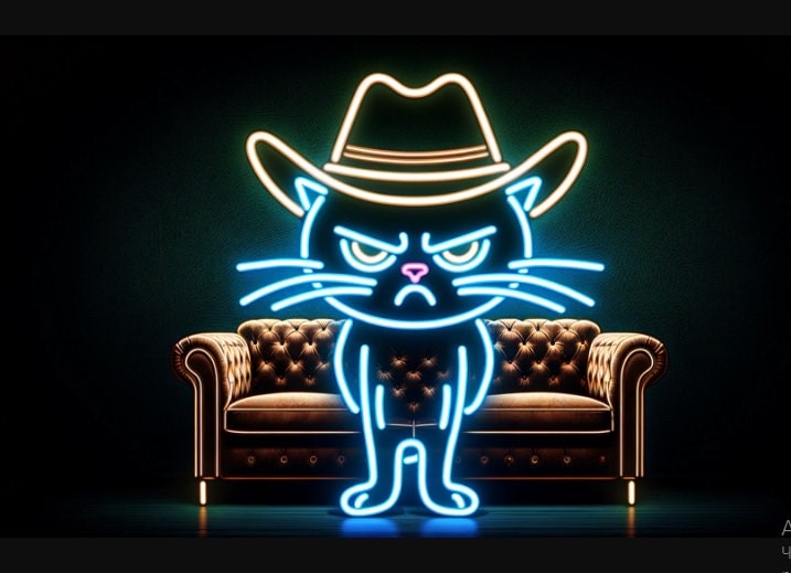 Neon Sign Of Skinny Cowboy Cat, Neon Sign With Cat In Hat, Western Cat Neon, Cat In Cowboy Hat Neon, Cat Neon Wall Decor