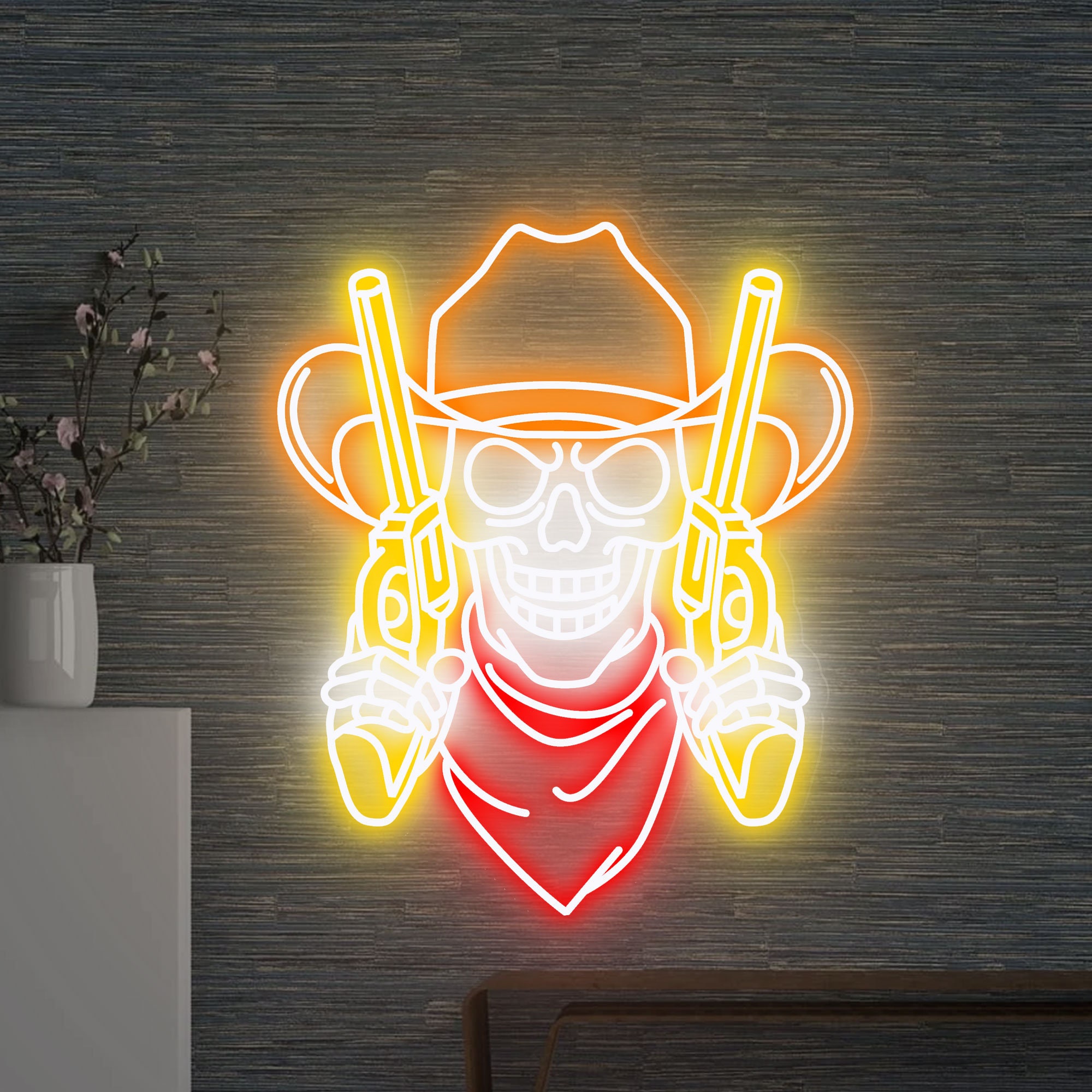 Cowboy Skull and double guns Neon Sign, Skull and Revolver Led Sign, Skull Led Signs, Custom Neon Sign, Cowboy Led Lights, Wall Decor