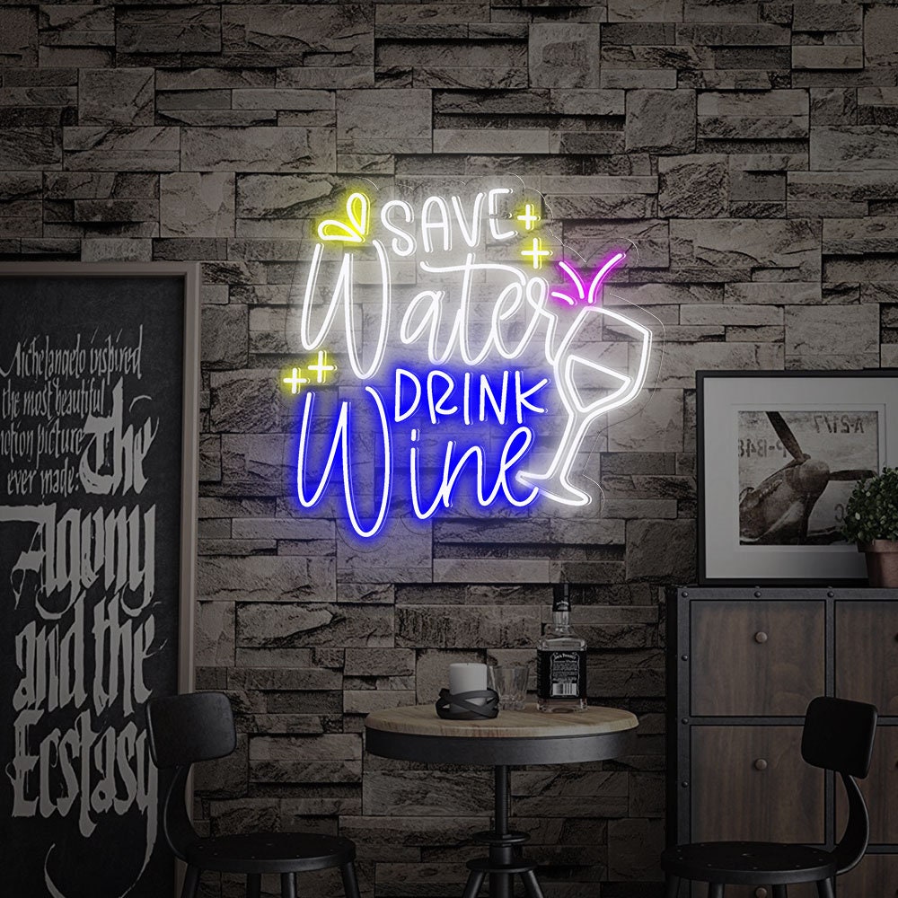 Save Water drink Wine Custom Neon sign neon lights | Personalized Custom Neon sign for Bar Wall Decor | Wine LED Sign