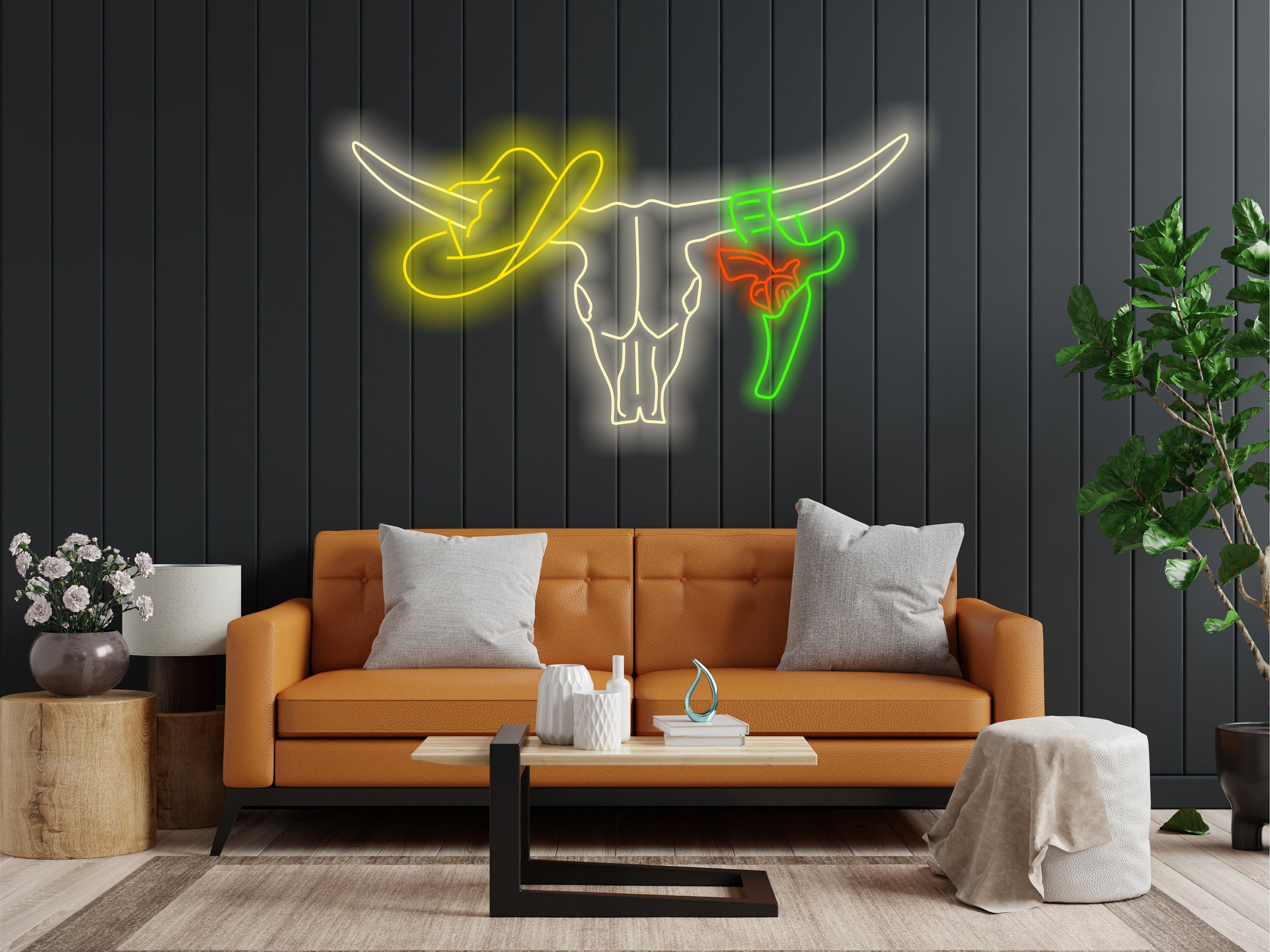 Longhorn Bull Neon Sign, Bull Skull Neon Sign, Cowboy Hat And Revolver Neon, Western-Themed Neon Sign