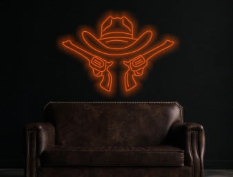 Cowboy Hat And Guns Neon Sign, Cowboy Led Neon Sign, Western Light Up, Neon Sign In The Shape Of A Hat, Neon Sign For Saloon Or Bar Western