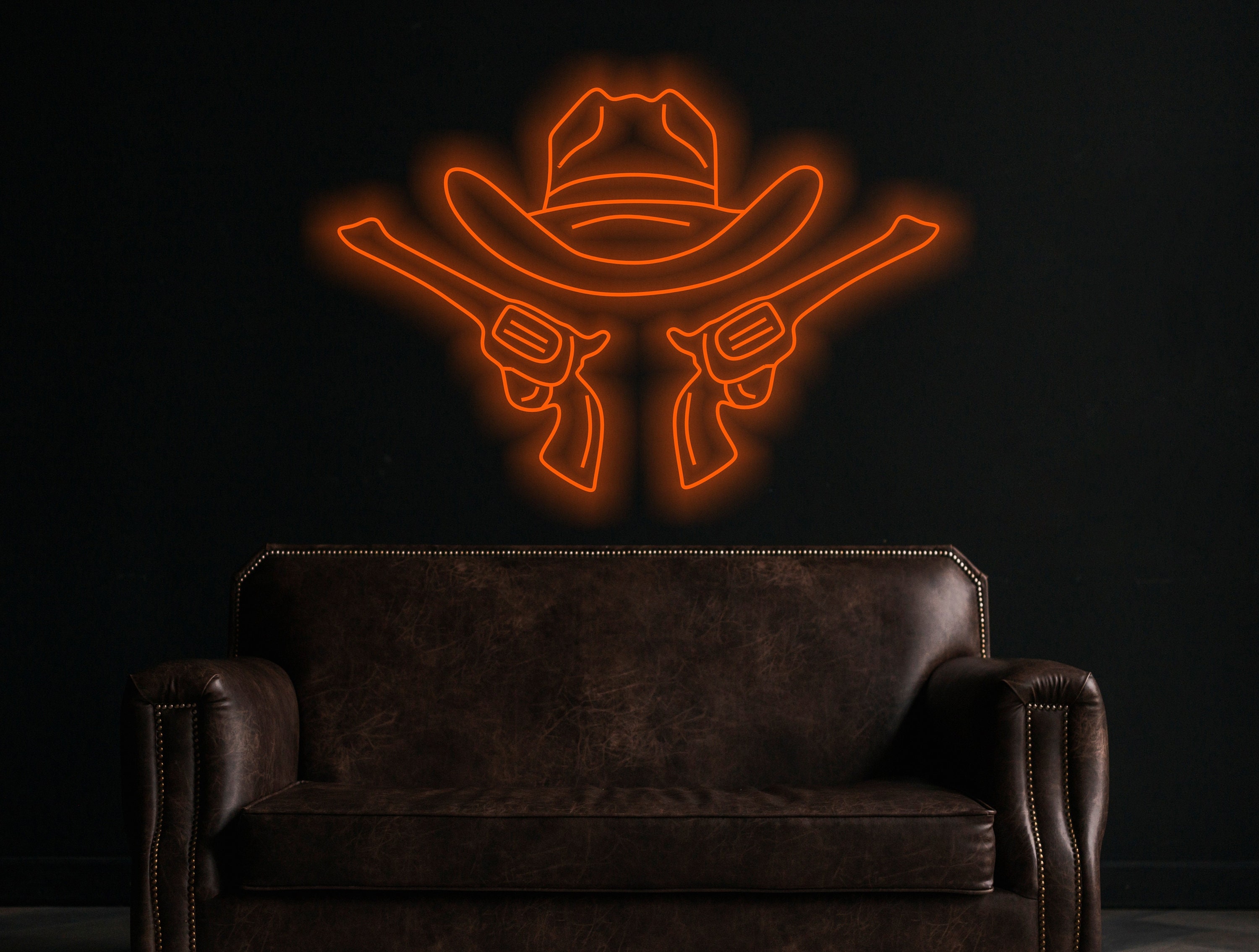 Cowboy Hat And Guns Neon Sign, Cowboy Led Neon Sign, Western Light Up, Neon Sign In The Shape Of A Hat, Neon Sign For Saloon Or Bar Western
