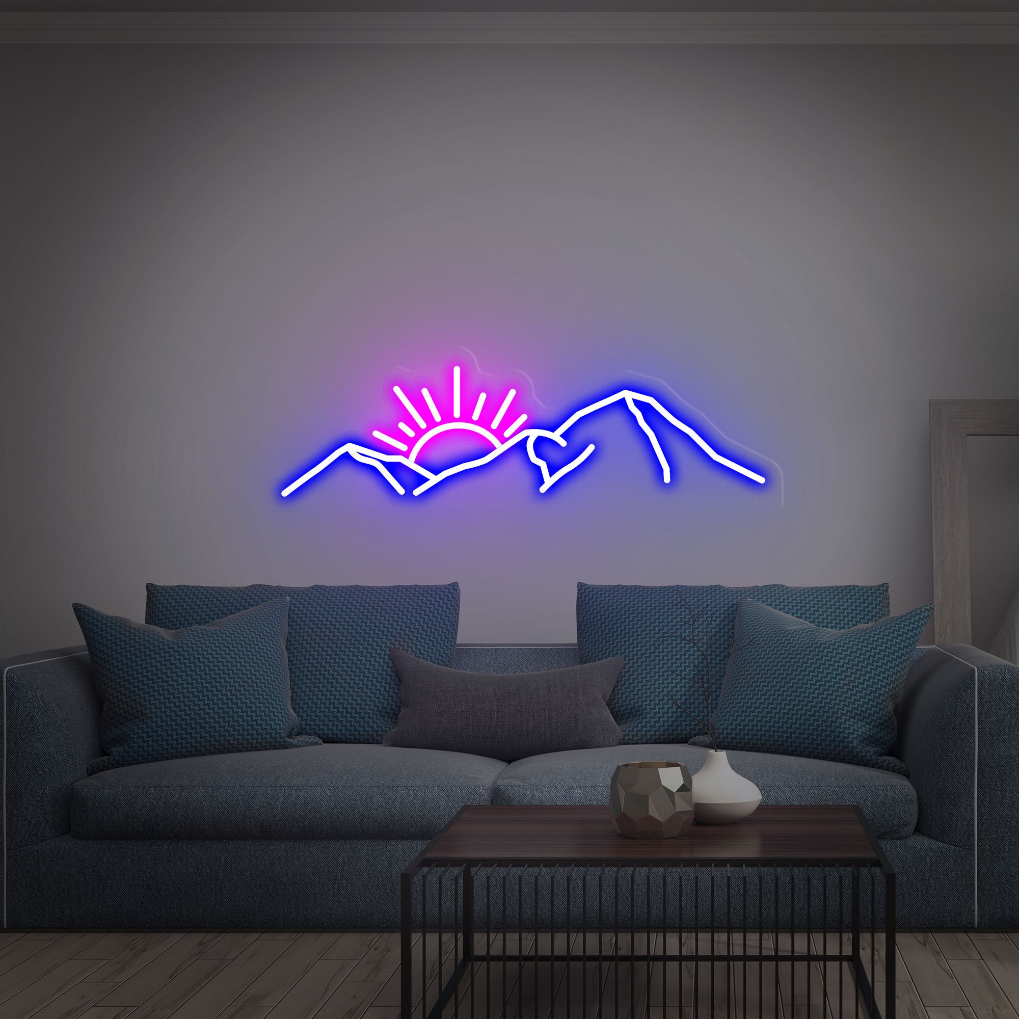 Mountain With Sunset Neon Sign, Led Sign For Living Room, Sunset Neon Sign Art, Neon Sign Wall Decor, Gifts For Family, Office Wall Decor