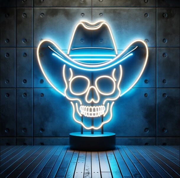 Skull In Cowboy Hat Neon Sign, Cowboy Skull Neon Sign, Neon Skull With Cowboy Hat, Cowboy Hat Skull Neon Light, Skull Wearing Cowboyhat Neon