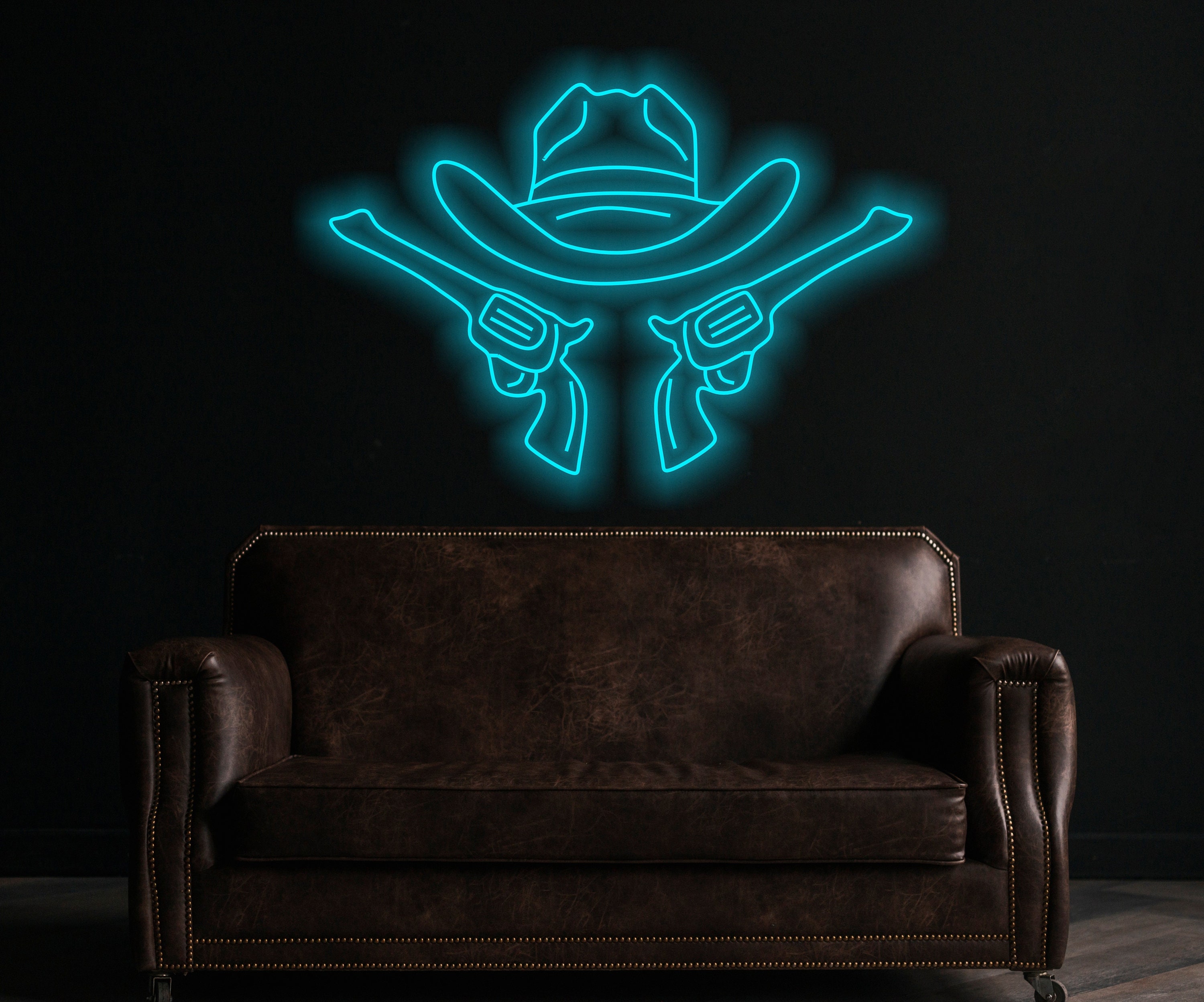 Cowboy Hat And Guns Neon Sign, Cowboy Led Neon Sign, Western Light Up, Neon Sign In The Shape Of A Hat, Neon Sign For Saloon Or Bar Western
