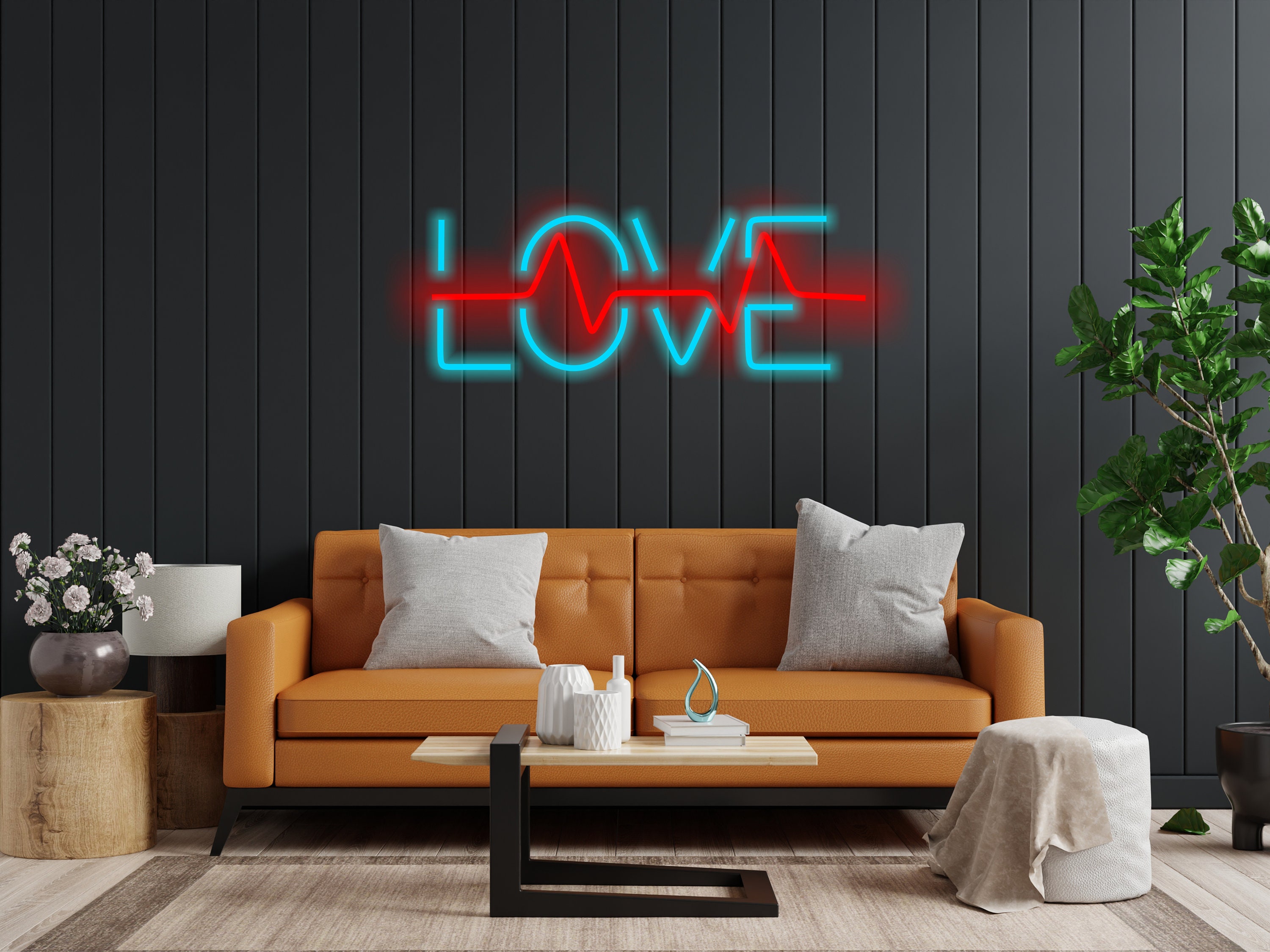 Neon Sign That Says Love And Has A Pulse Inside It, Neon Sign Combining Heart And Pulse, Love Neon Sign, Neon Sign Gift For Lovers