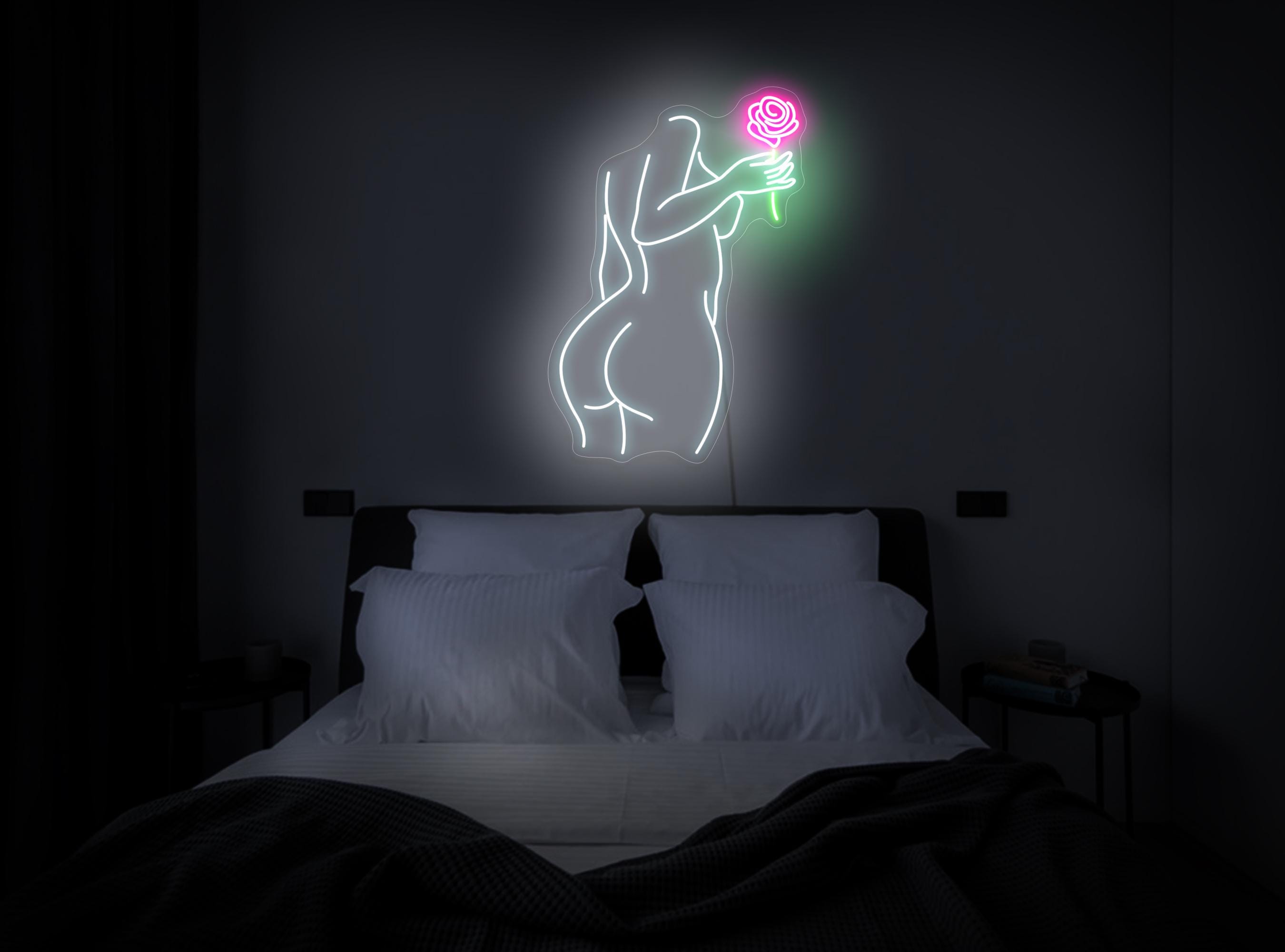 Woman Body Neon Sign, Woman With Rose Neon Sign, Girl With Flower Neon Sign, Sexy Neon Sign, Aesthetic Neon Sign Decor, Woman Wall Art Decor