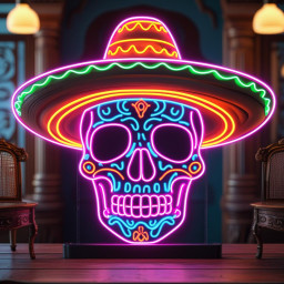 Colorful Sombrero Sugar Skull Neon Sign, Mexican Sugar Skull Neon LED Sign, Dia De Los Muertos Neon Sign