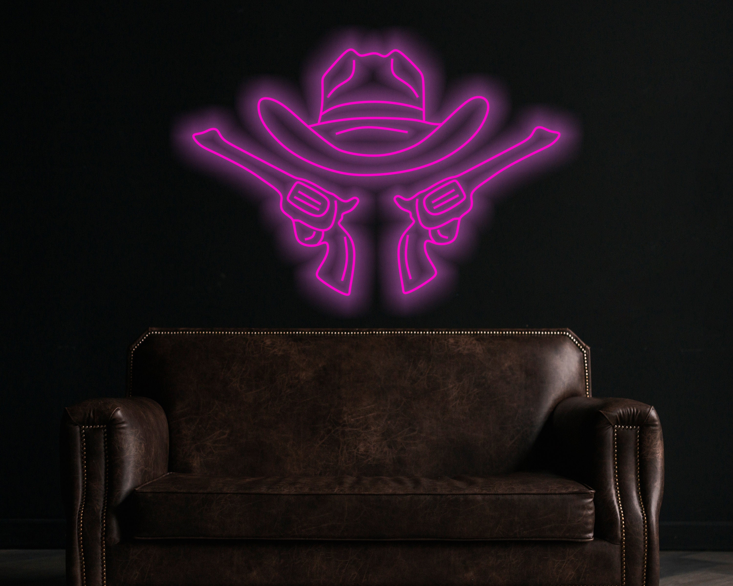 Cowboy Hat And Guns Neon Sign, Cowboy Led Neon Sign, Western Light Up, Neon Sign In The Shape Of A Hat, Neon Sign For Saloon Or Bar Western