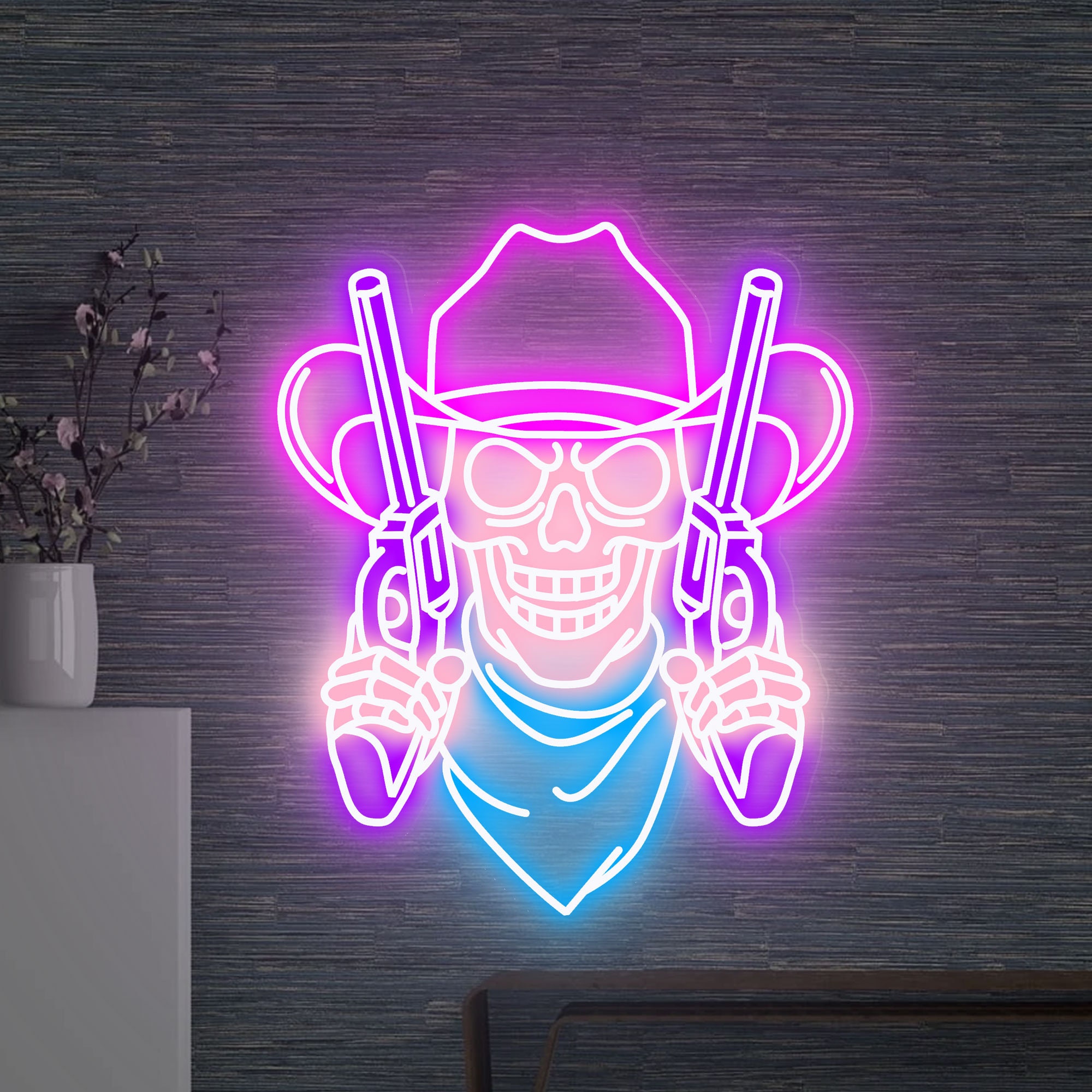Cowboy Skull and double guns Neon Sign, Skull and Revolver Led Sign, Skull Led Signs, Custom Neon Sign, Cowboy Led Lights, Wall Decor