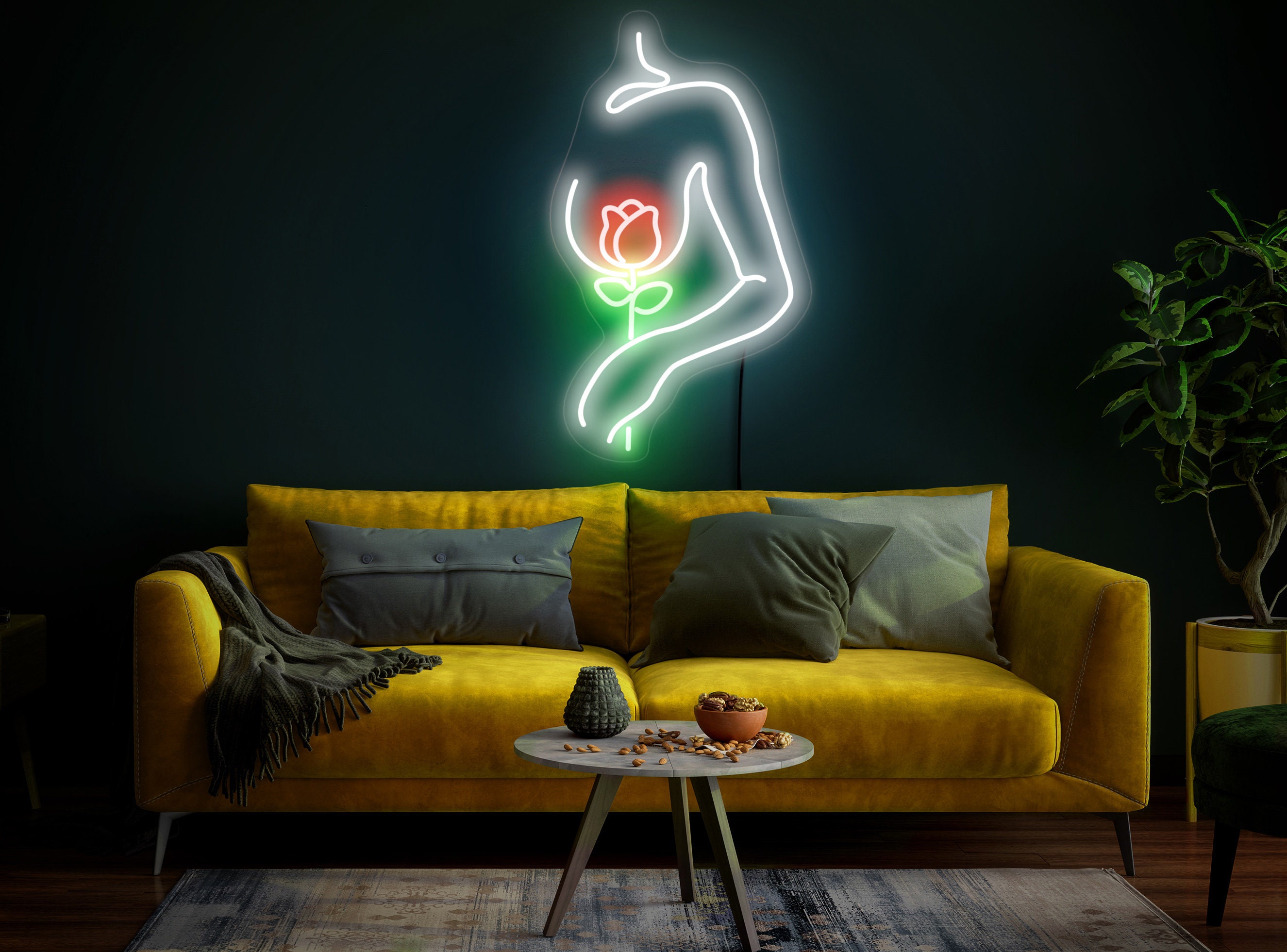 Flower Woman Neon Sign, Woman Neon Sign, Girl Body Neon Sign, Aesthetic Neon, Lady Neon Sign, Rose Neon, Woman Wall Art, Woman Wall Decor