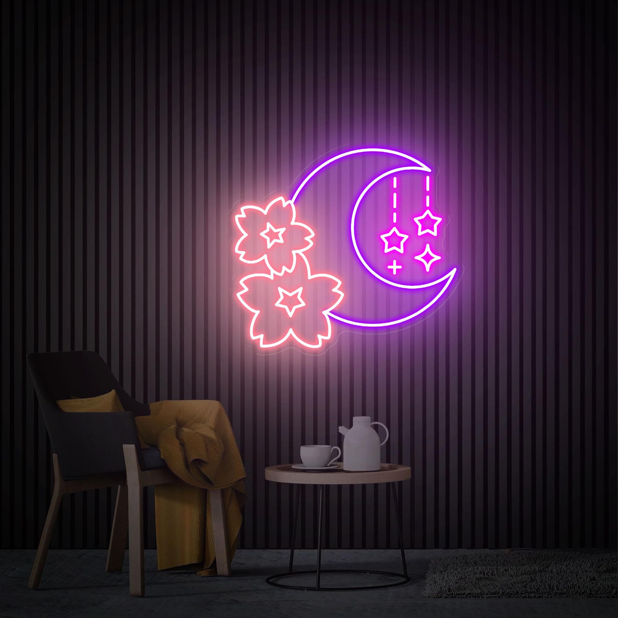 Sakura and Moon Neon Sign, Sakura Neon Wall Art, Custom Neon Sign, Bedroom Moon Decor,  Game Room Decor, Cherry Blossom Neon Christmas Gifts