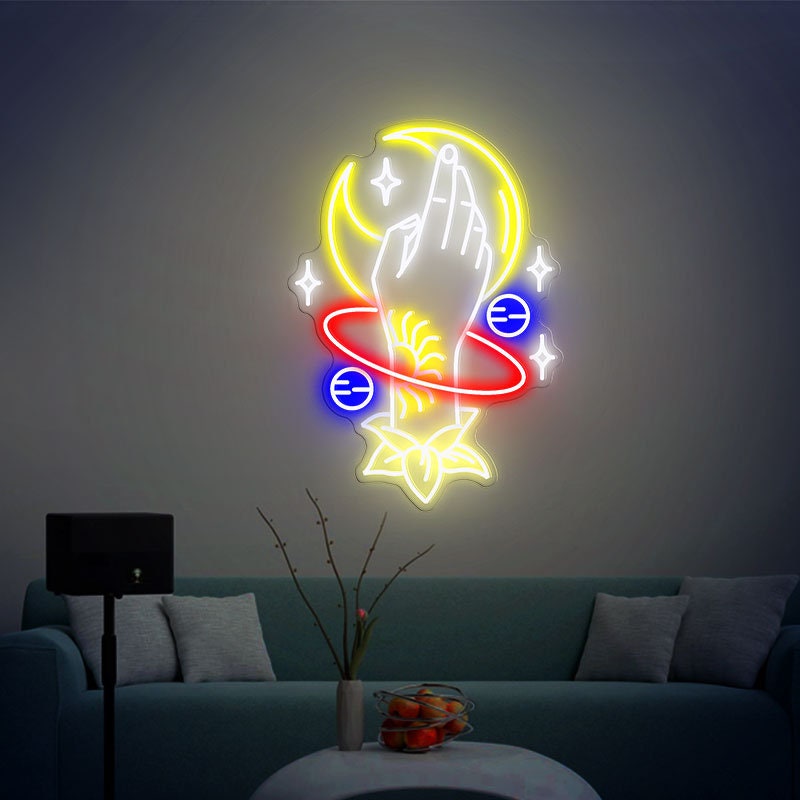 Galaxy Moon And Stars Hand Neon Sign For Bedroom, Cafe, Studio Led Neon Sign