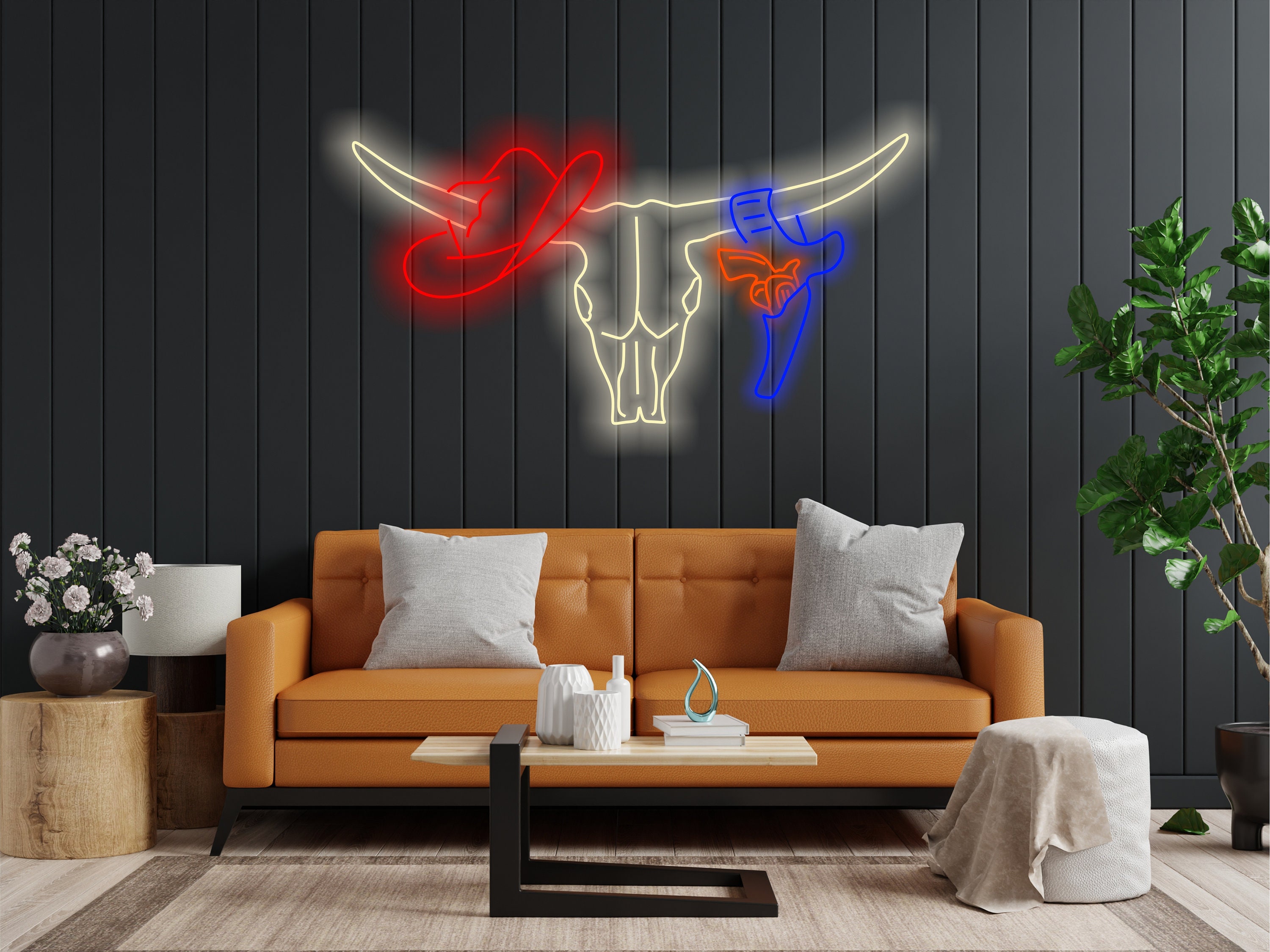 Longhorn Bull Neon Sign, Bull Skull Neon Sign, Cowboy Hat And Revolver Neon, Western-Themed Neon Sign