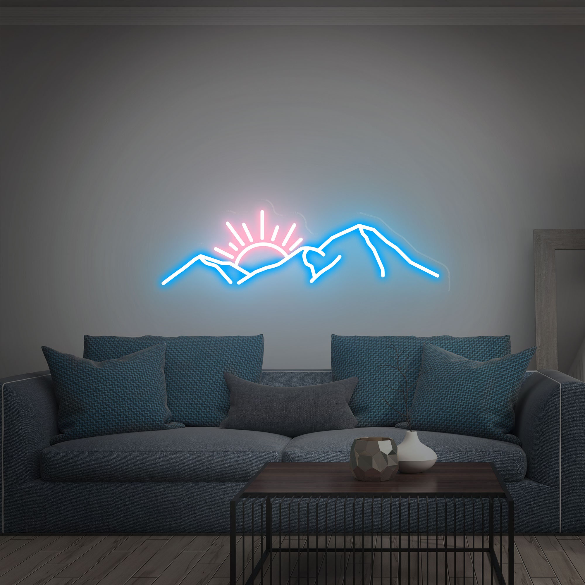 Mountain With Sunset Neon Sign, Led Sign For Living Room, Sunset Neon Sign Art, Neon Sign Wall Decor, Gifts For Family, Office Wall Decor