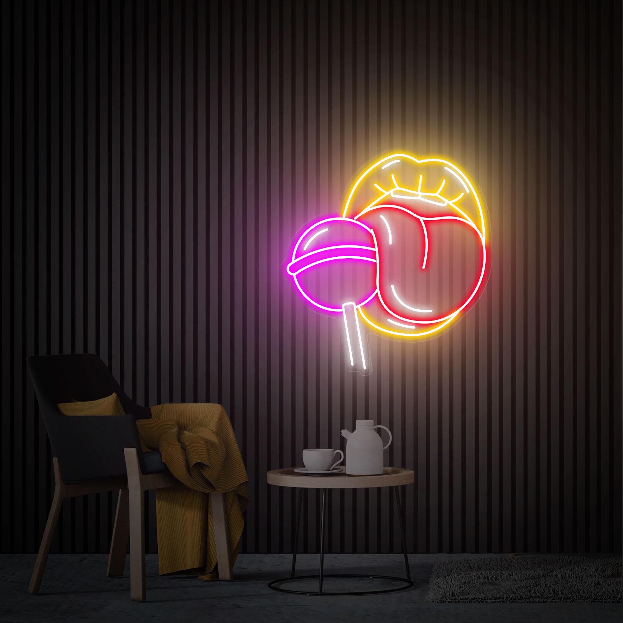 Lips with Lollipop Neon Sign, Red Lips Girl LED Sign, Lips and Tongue Neon Wall Art, Custom Neon Sign, Home Bedroom Decor, Beauty Wall Light