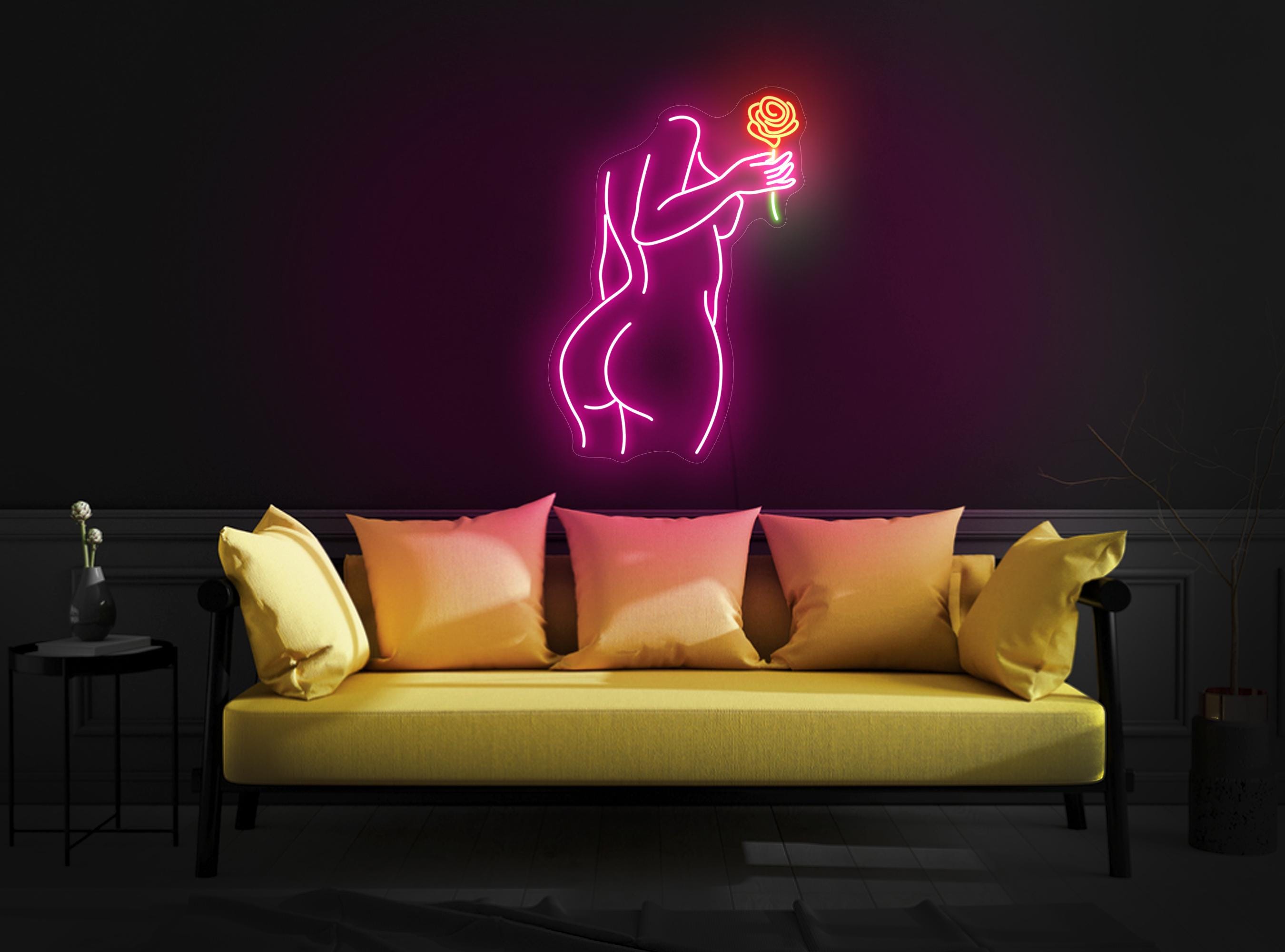 Woman Body Neon Sign, Woman With Rose Neon Sign, Girl With Flower Neon Sign, Sexy Neon Sign, Aesthetic Neon Sign Decor, Woman Wall Art Decor