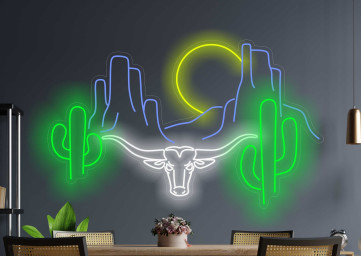Neon Sign With Western Decor, Longhorn Bull With Western Decoration, Bull Neon Sign, Neon Sign Desert With Cactus And Head Longhorn