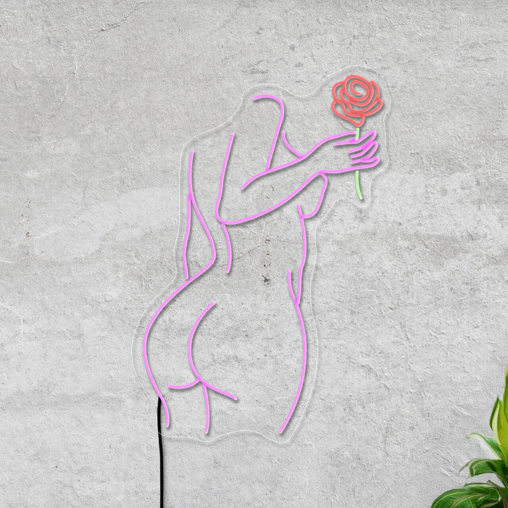 Woman Body Neon Sign, Woman With Rose Neon Sign, Girl With Flower Neon Sign, Sexy Neon Sign, Aesthetic Neon Sign Decor, Woman Wall Art Decor