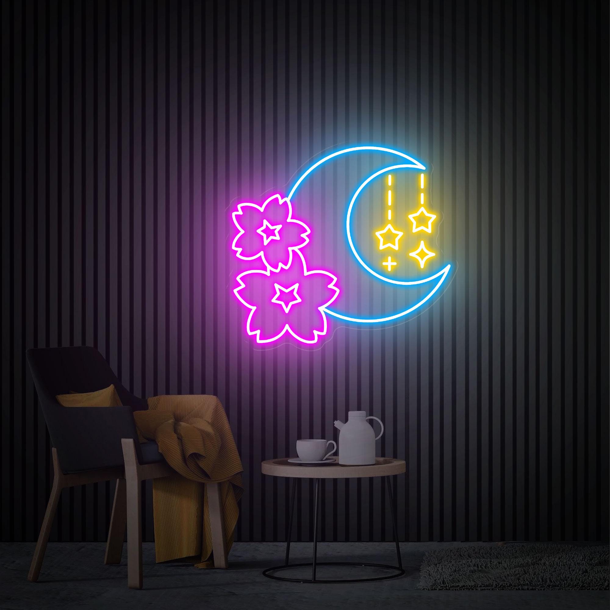 Sakura and Moon Neon Sign, Sakura Neon Wall Art, Custom Neon Sign, Bedroom Moon Decor,  Game Room Decor, Cherry Blossom Neon Christmas Gifts