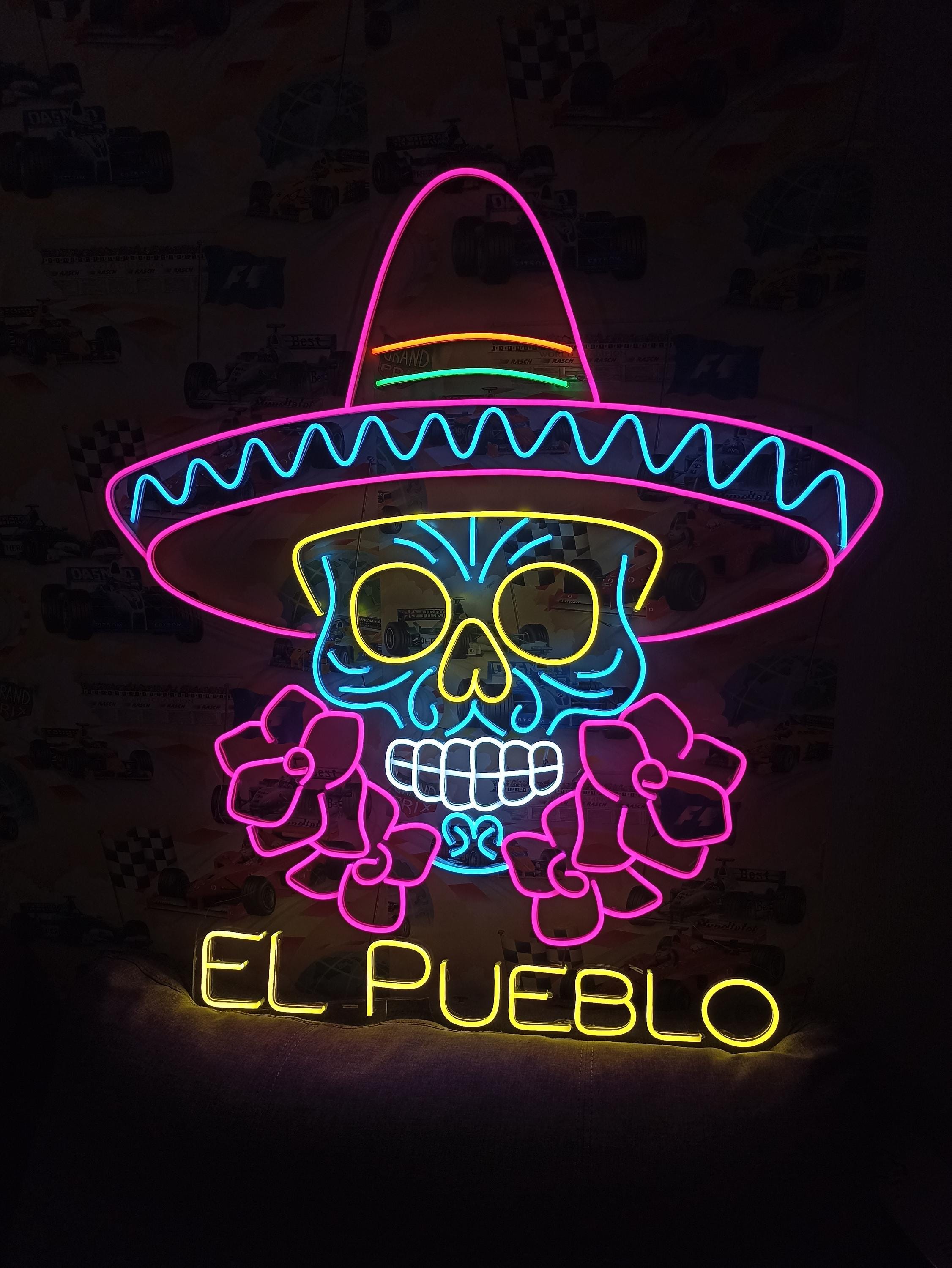 Colorful Sombrero Sugar Skull Neon Sign, Mexican Sugar Skull Neon Sign,Dia De Los Muertos Neon Sign