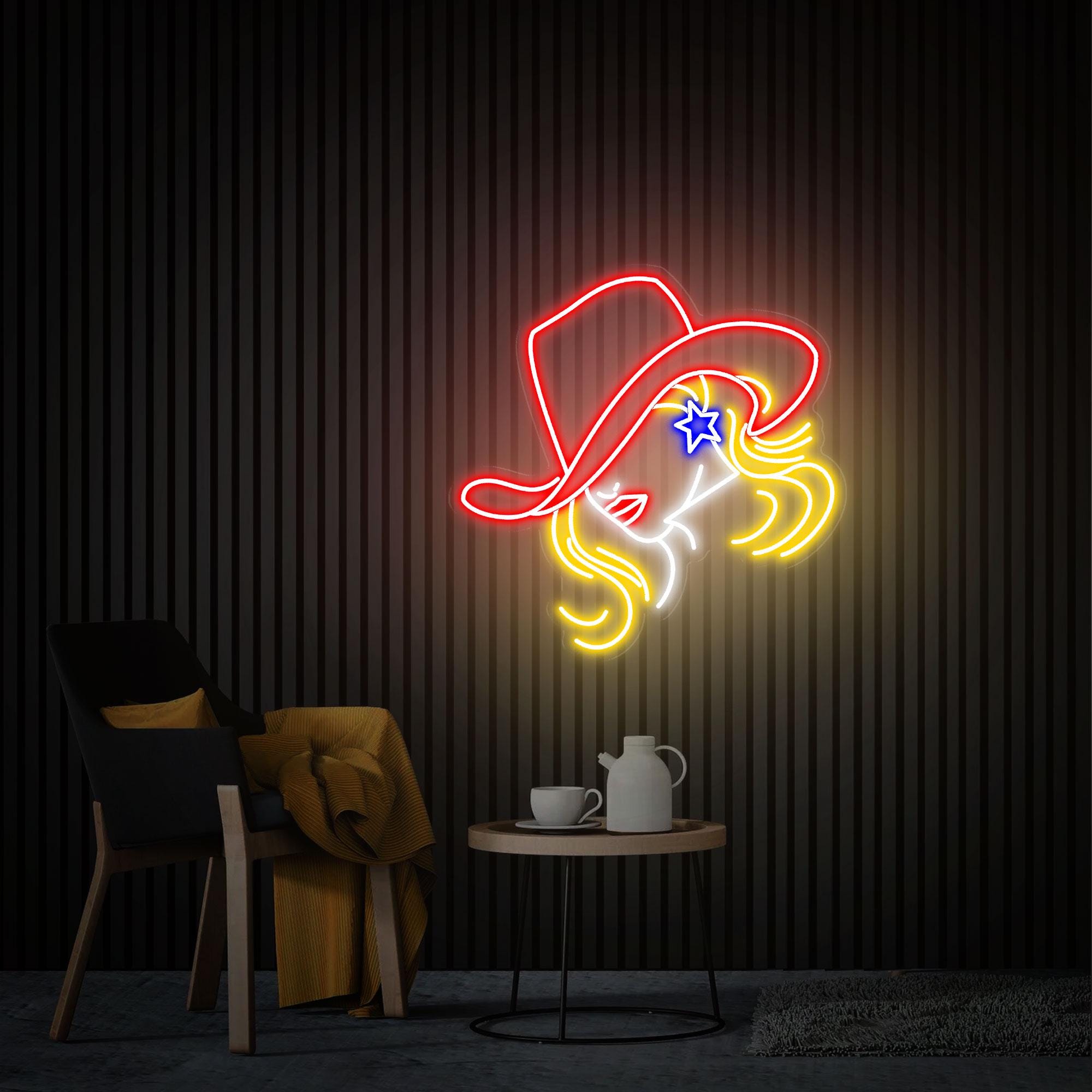 Cowgirl Neon Sign, Cowgirl in A Cowboy Hat Neon Art, Woman with A Star Earring Light Up Sign, Western Decor Bedroom Neon Sign Christmas Gift