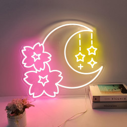 Sakura and Moon Neon Sign, Sakura Neon Wall Art, Custom Neon Sign, Bedroom Moon Decor,  Game Room Decor, Cherry Blossom Neon Christmas Gifts