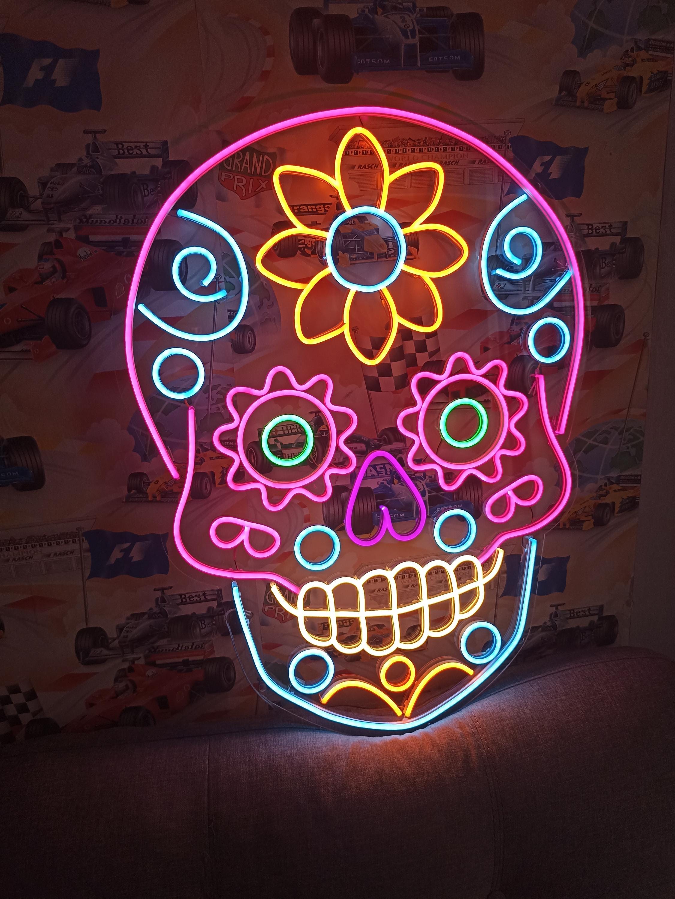 Neon Sign Sugar Skull, Sugar Skull Neon Sign, Mexican Sugar Skull Neon Sign, Dia De Los Muertos Neon Sign