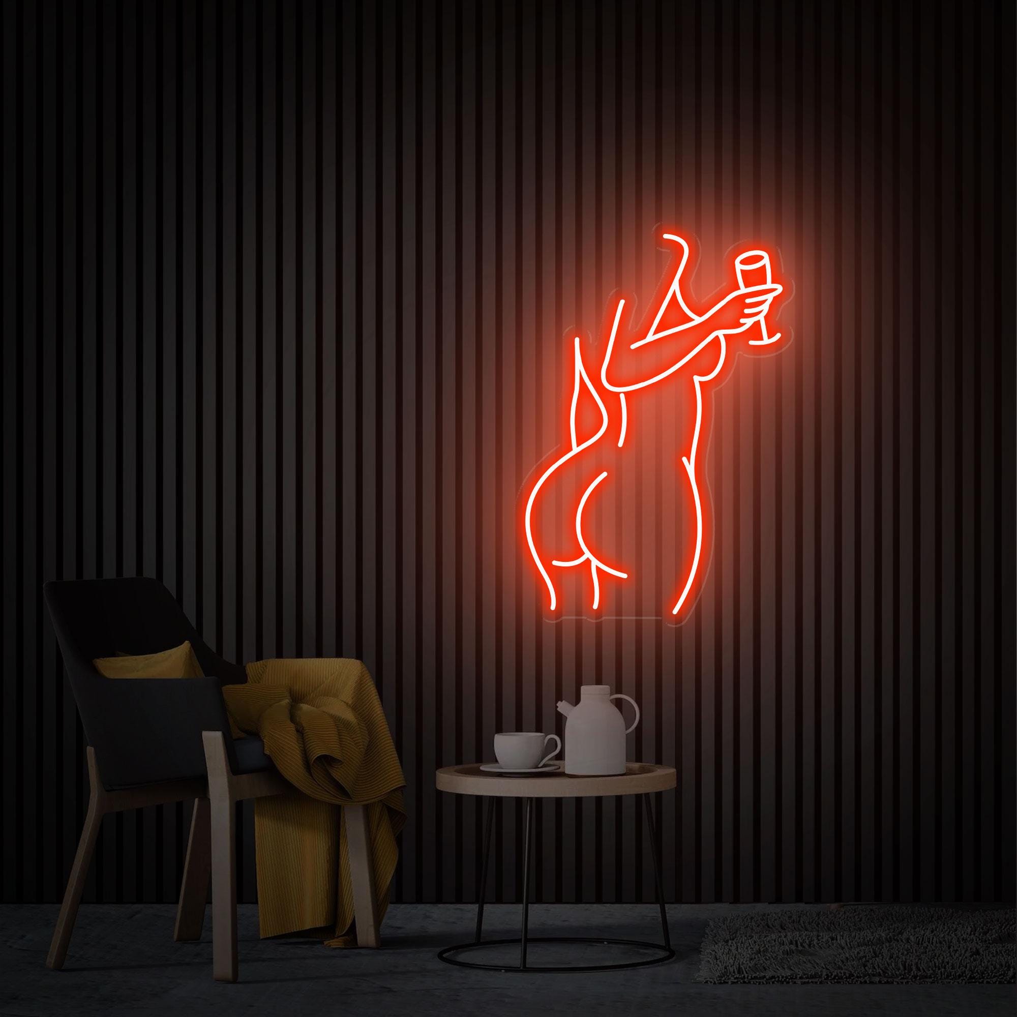 Woman with Wine Led Neon Sign, Female Body Aesthetic Neon Wall Art, Women Neon Sign Bedroom Decor, Custom Neon Sign Pub Decor, Gift for Her