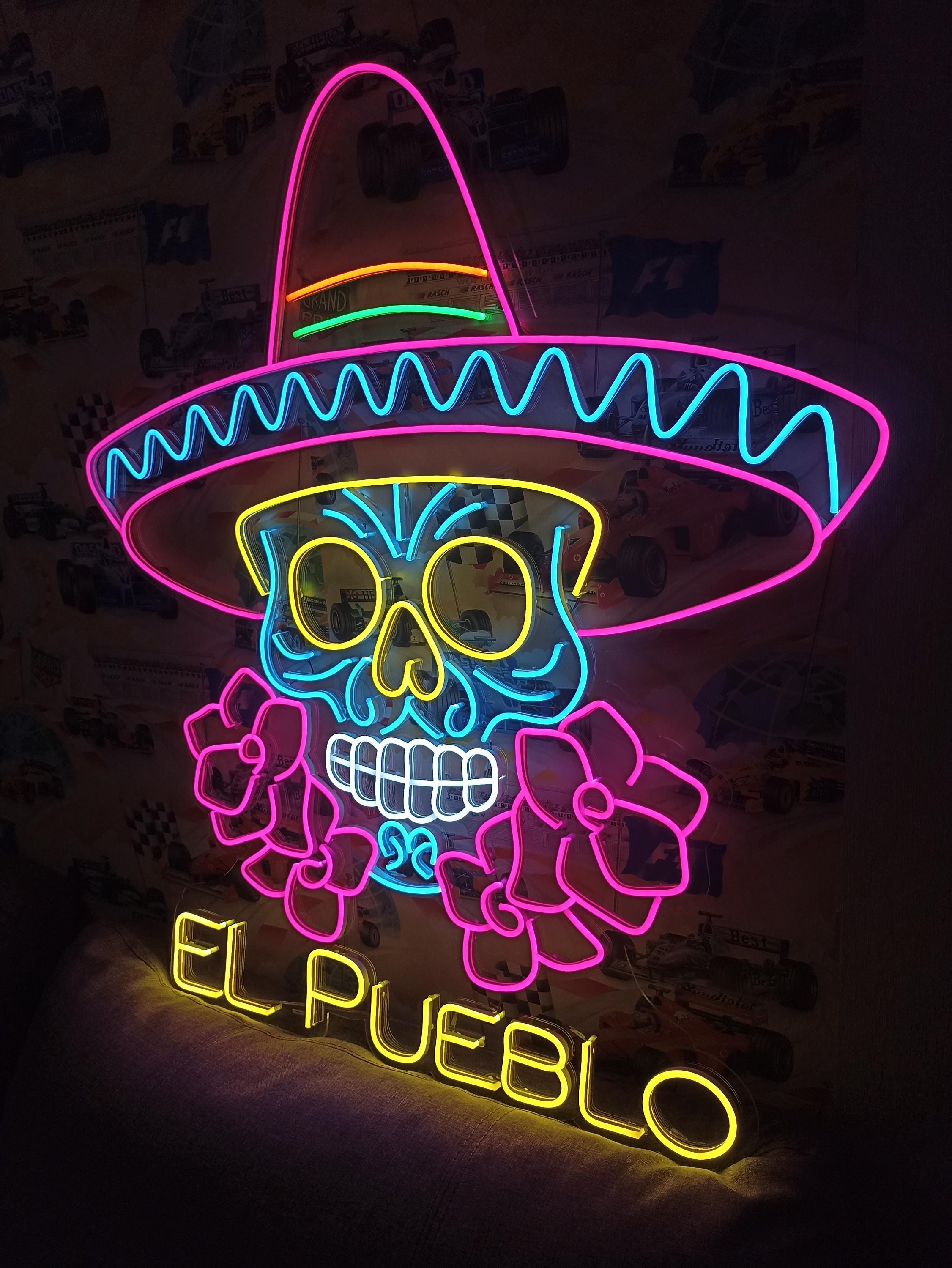Colorful Sombrero Sugar Skull Neon Sign, Mexican Sugar Skull Neon Sign,Dia De Los Muertos Neon Sign