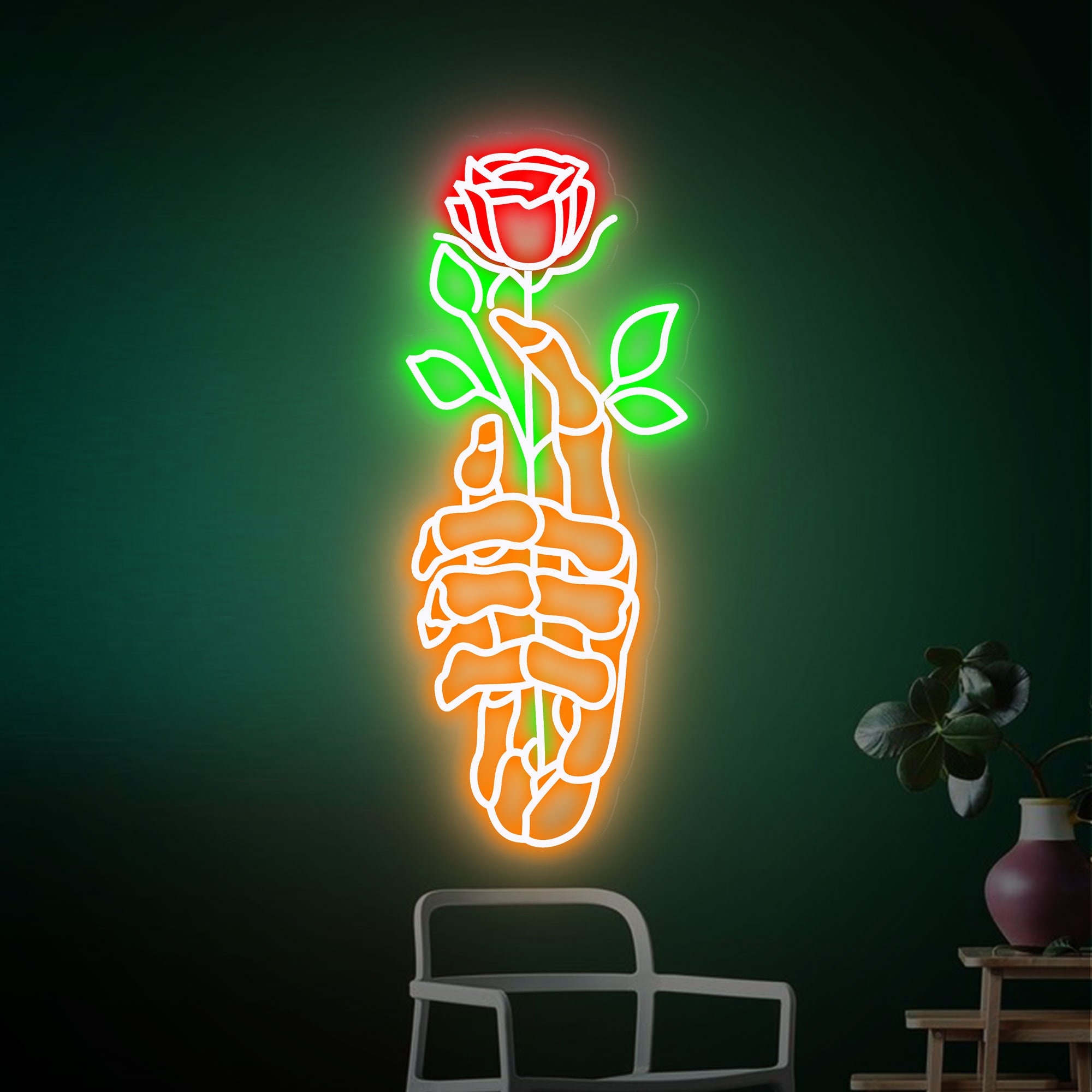 Skeleton Hand Rose Neon Sign, Hands Death Led Neon Sign, Skull Rose Neon Light | Neon Wall Light Sign | Neon Sign Bedroom