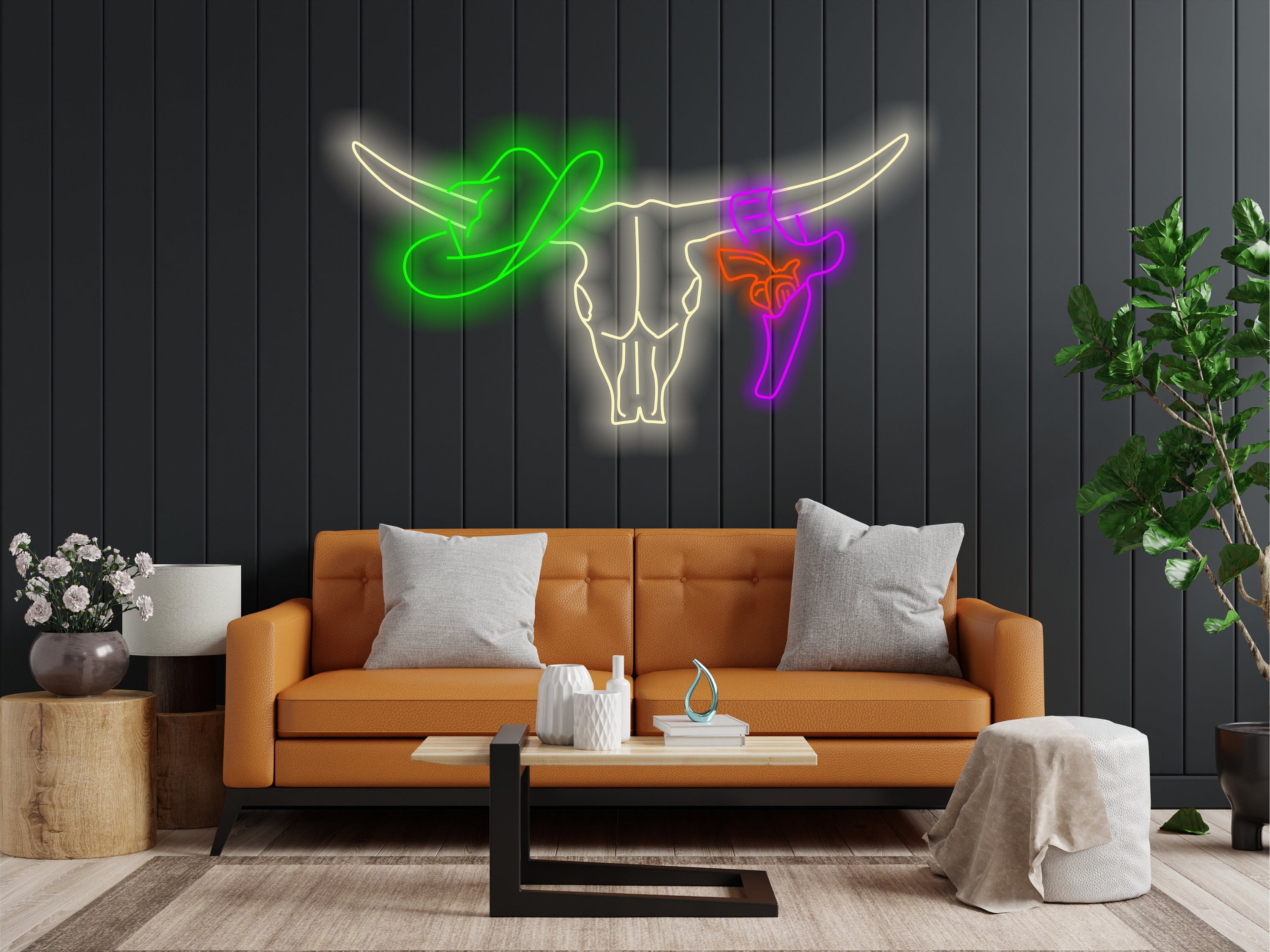 Longhorn Bull Neon Sign, Bull Skull Neon Sign, Cowboy Hat And Revolver Neon, Western-Themed Neon Sign