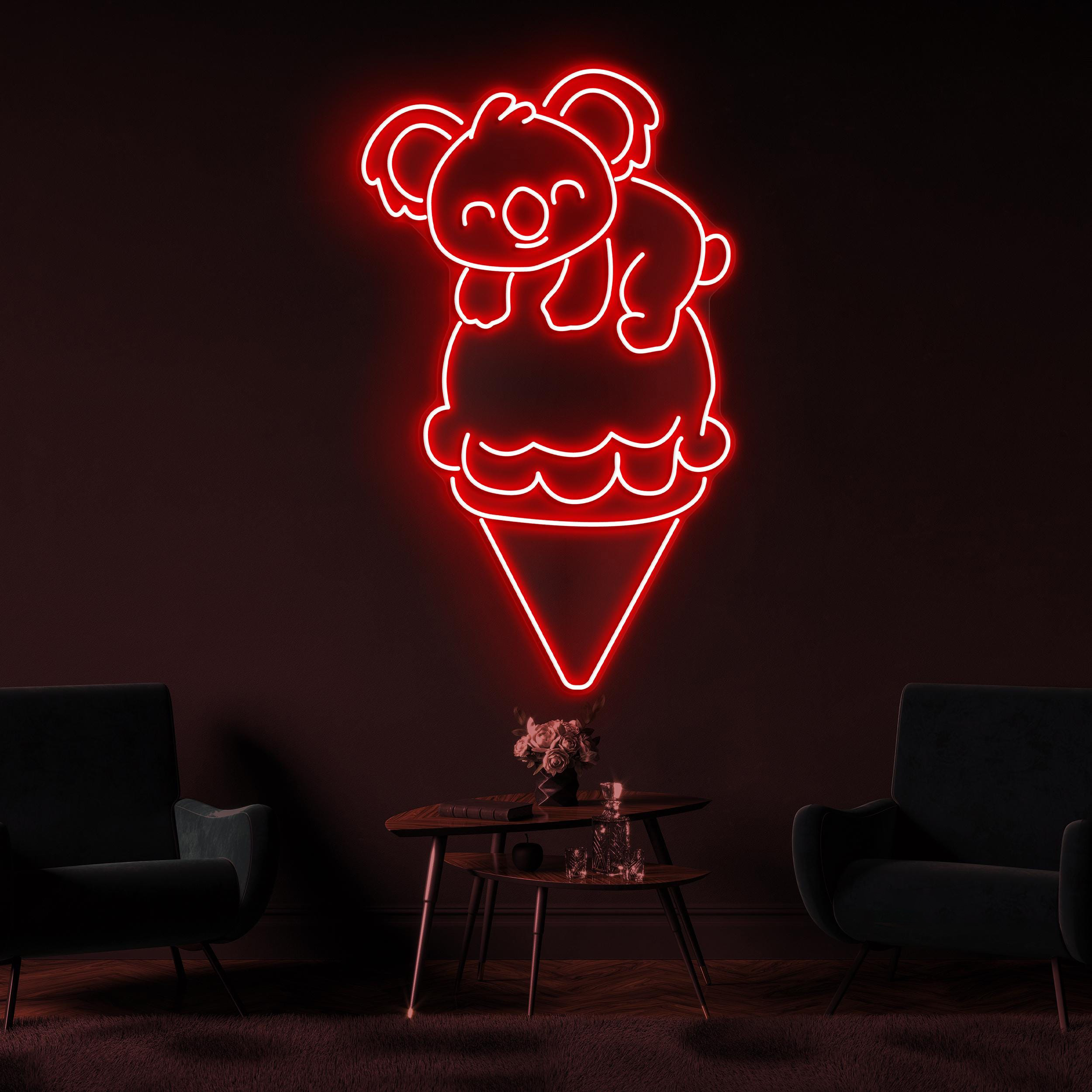Koala on Ice Cream Neon Sign, Koala on Ice Cream LED Light, Cute Koala Wall Art, Cafe and Bar Neon Light, Kids Room Art, Ice Cream Shop Sign