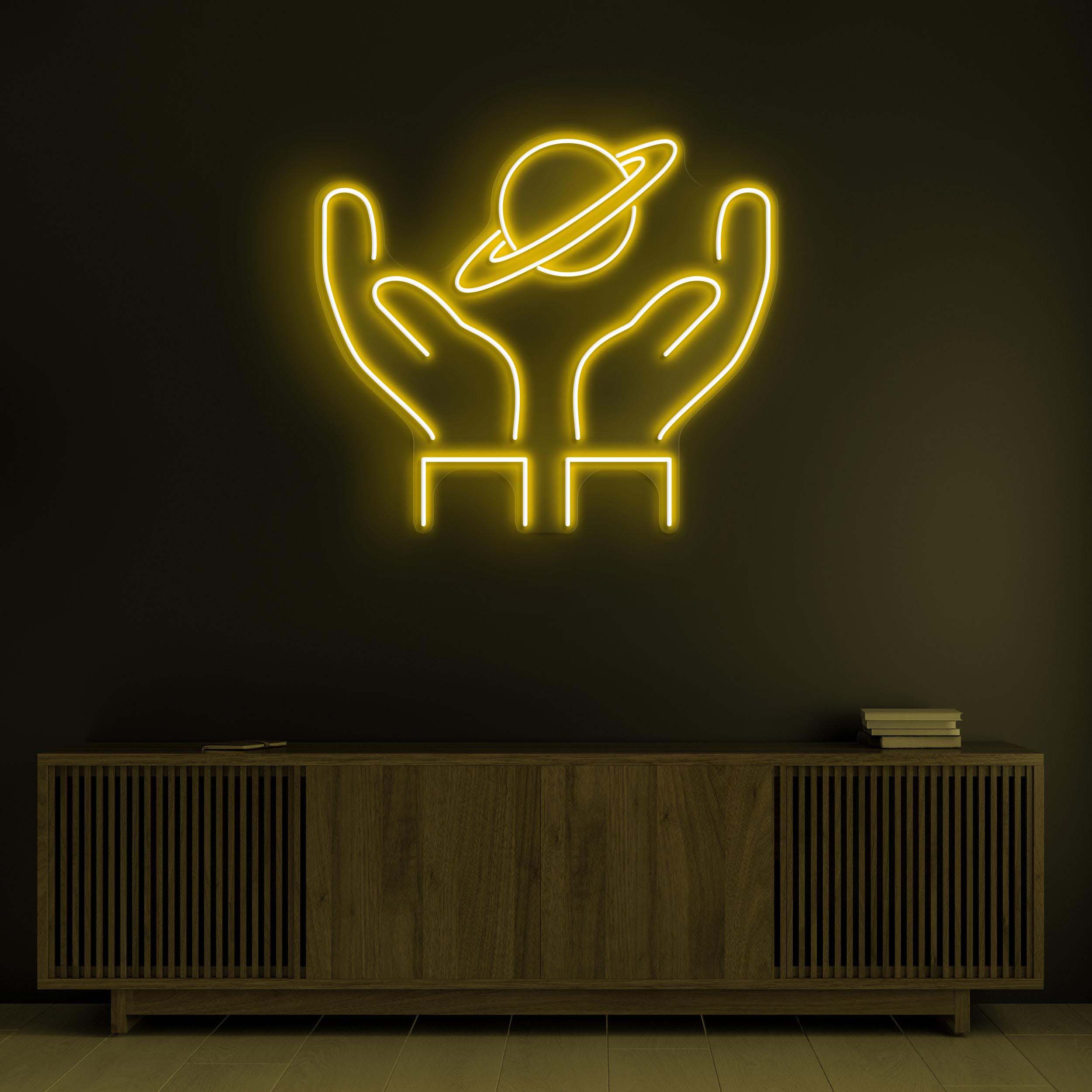 Saturn Planet Neon Sign, Hands Led Light, World Hold Neon Light, Home Wall Decor, Space Wall Art, Bar, Cafe and Studio Neon Decor, Gift Idea