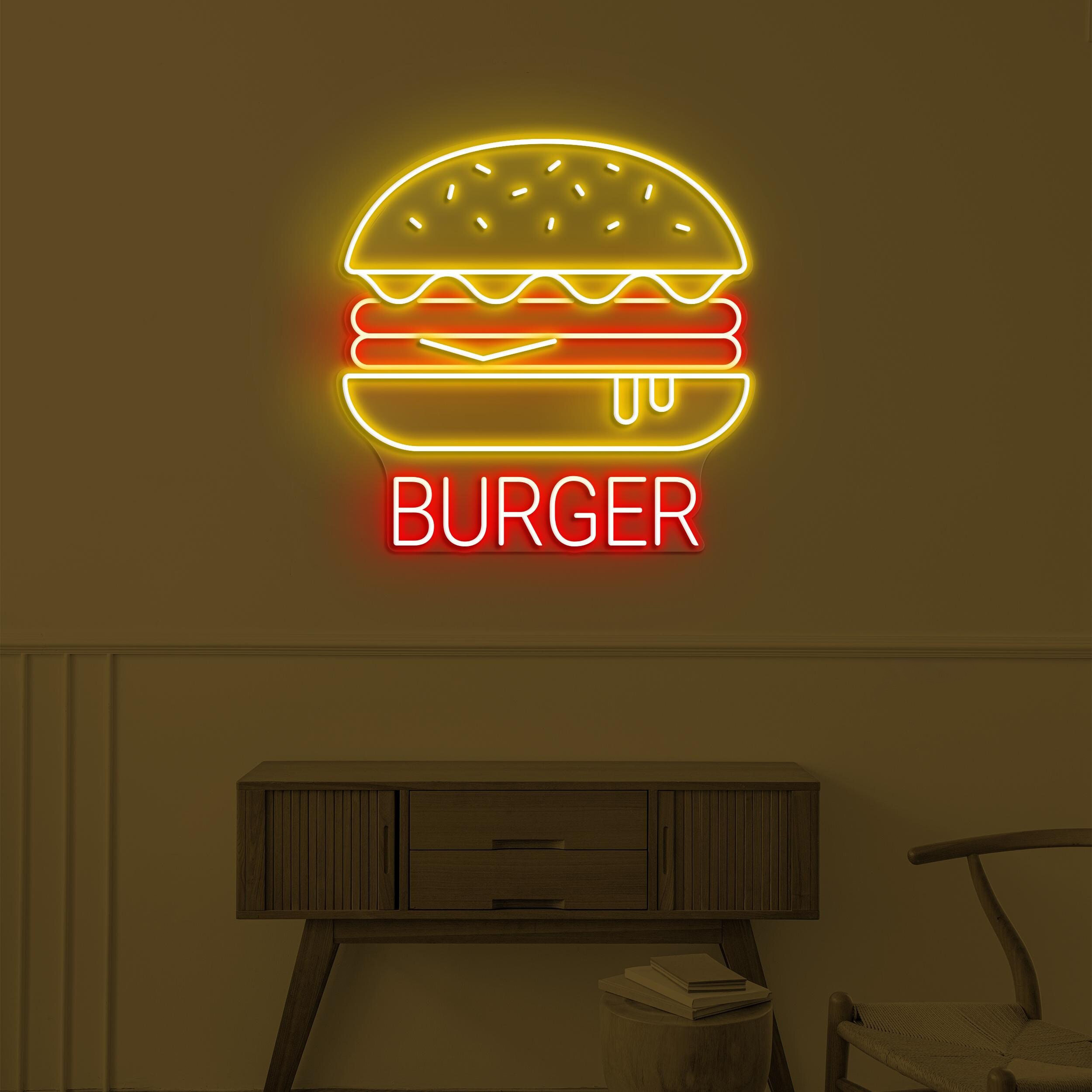 Burger Neon Sign, Hamburger LED Light, Fast Food Restaurant Wall Decor, Burger Lover Gift, Burger Neon Art, Custom Neon Sign, Cafe Wall Art