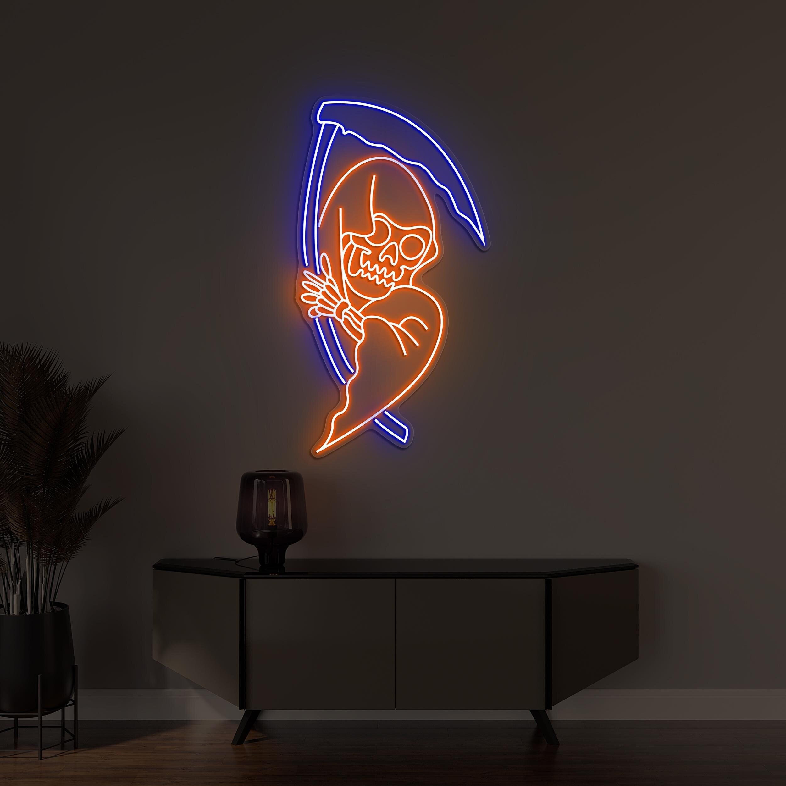 Grim Reaper Neon Sign, Grim Reaper LED Light, Skeleton Wall Art, Spooky Sign, Horror House Decor, Halloween Wall Decor, Halloween Party Art