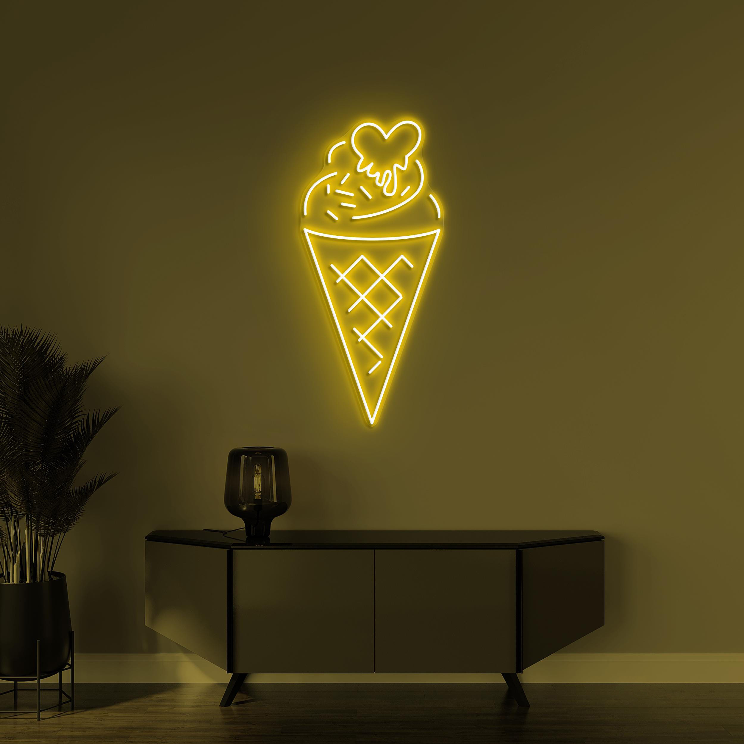 Cone Ice Cream Neon Sign, Cone Ice Cream LED Light, Ice Cream With Melting Heart Wall Art, Ice Cream Spot Wall Decor, Cafe and Bar Light