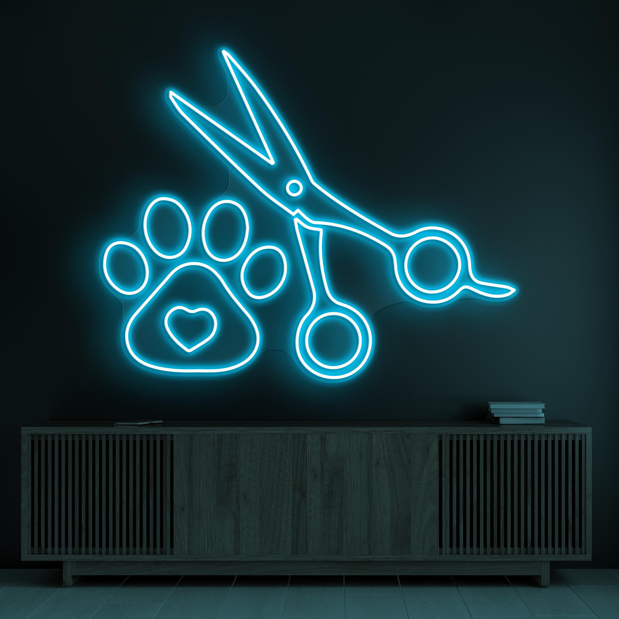 Paw with Scissors Neon Sign, Paw with Scissors LED Light, Pet Grooming Wall Art, Dog Cat Pet Service Sign, Pet Shop Decor, Paw Neon Art