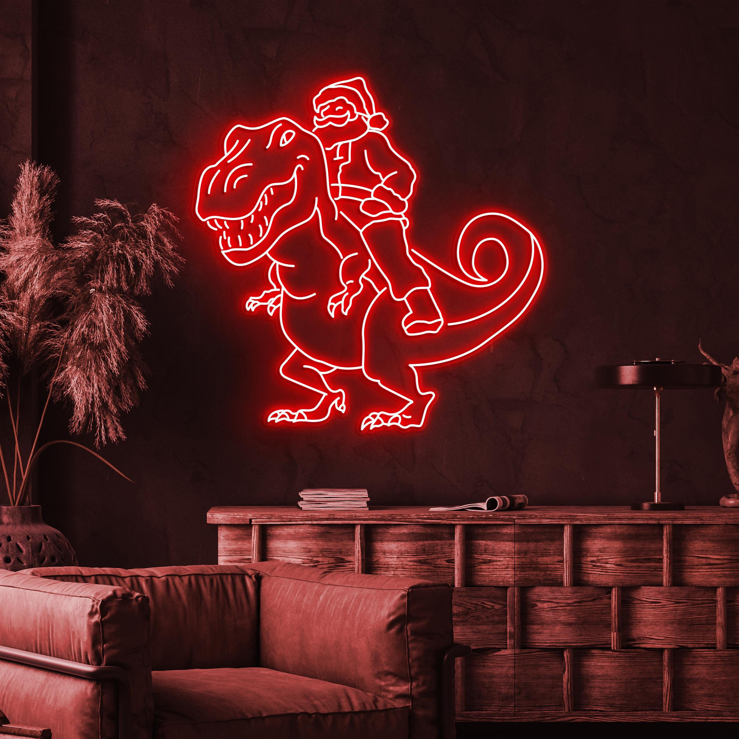 Santa on Dinosaur Neon Sign, Santa on Dinosaur LED Light, Christmas Art, Santa Claus Decor, Dino Art, Kids & Game Room Decor, Christmas Gift