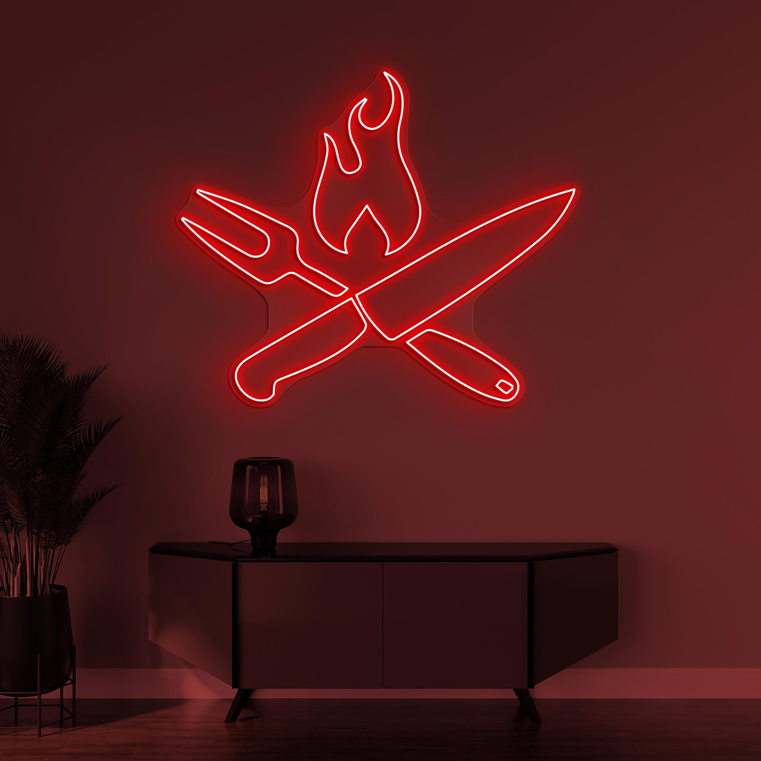 Fork & Knife Neon Sign, Fork Knife LED Light, Fire Wall Decor, Flaming Fork Knife Wall Art, Decor For Restaurants Cafe, Bar and Home Decor