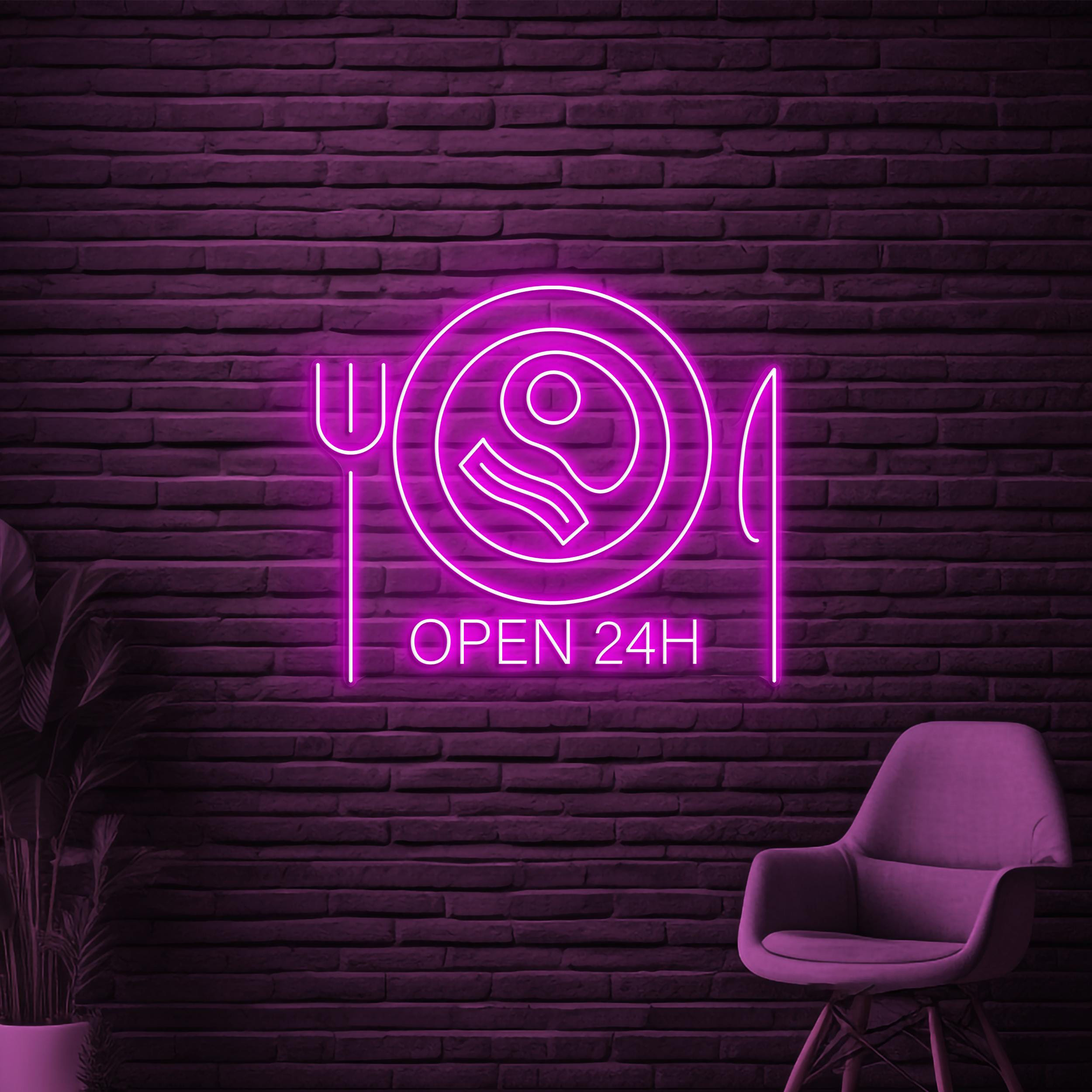 Open 24 Neon Sign, Hours 24 LED Light, Restaurant Wall Decor, Food Shop Wall Art, Business Neon Sign, Bar Club Decor, Forks & Knives Light