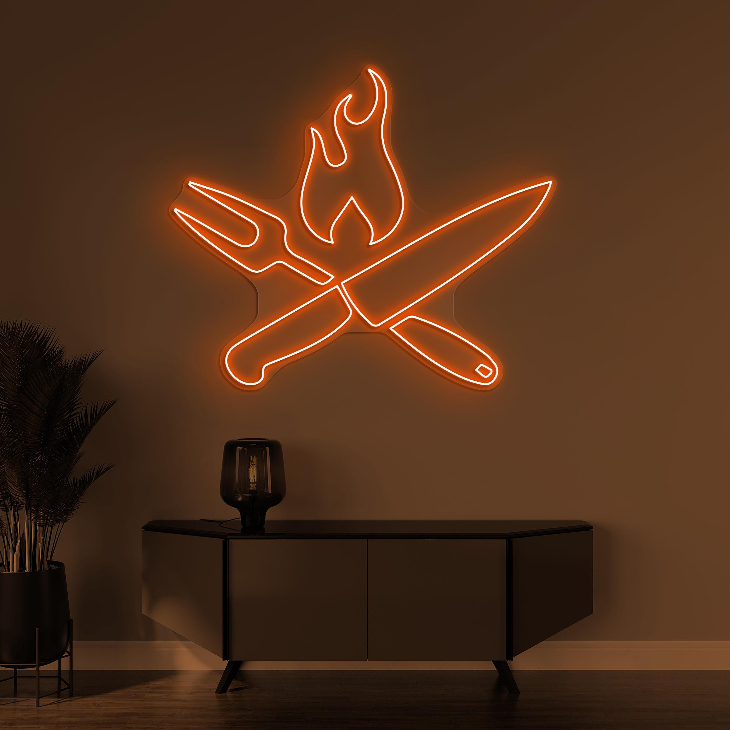 Fork & Knife Neon Sign, Fork Knife LED Light, Fire Wall Decor, Flaming Fork Knife Wall Art, Decor For Restaurants Cafe, Bar and Home Decor