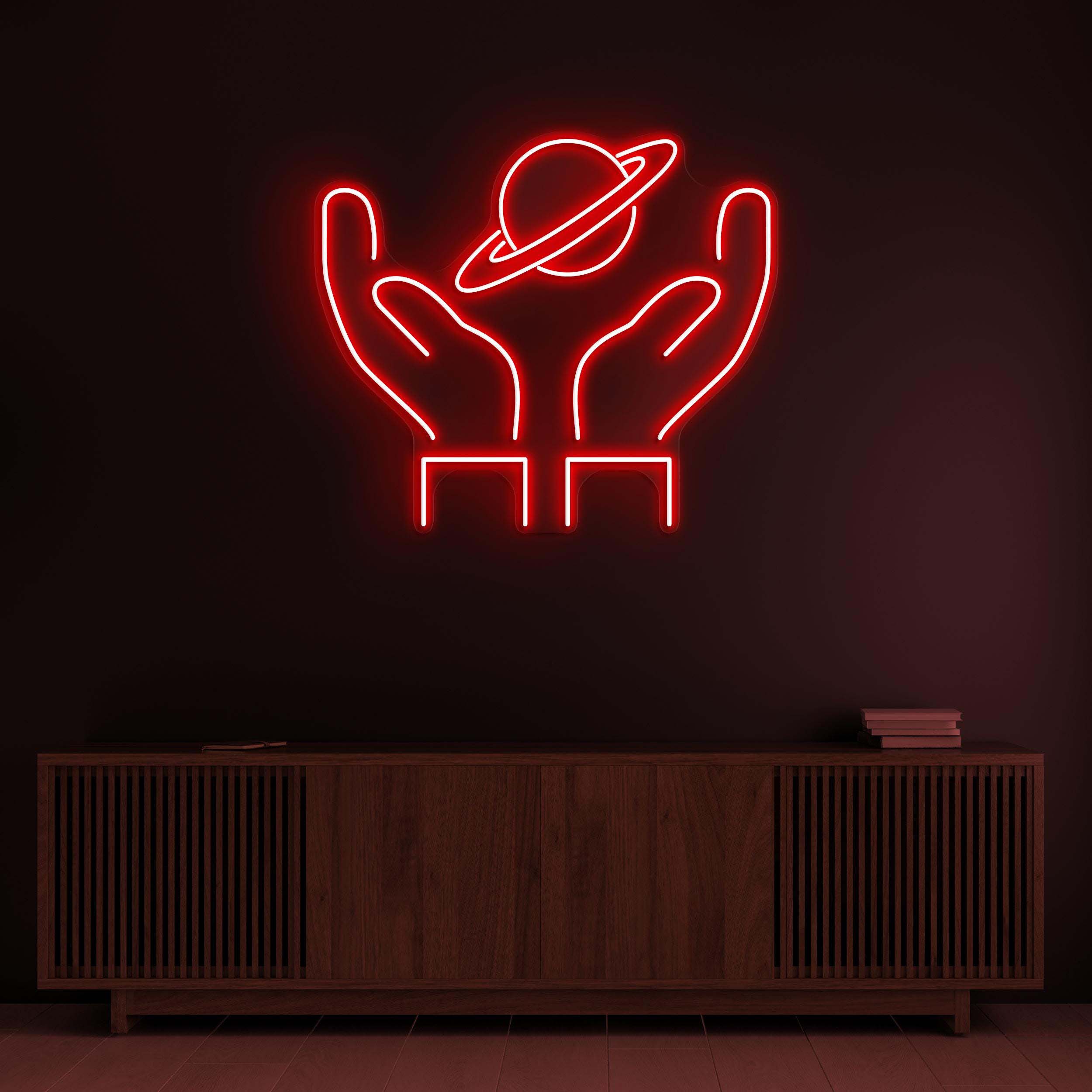 Saturn Planet Neon Sign, Hands Led Light, World Hold Neon Light, Home Wall Decor, Space Wall Art, Bar, Cafe and Studio Neon Decor, Gift Idea
