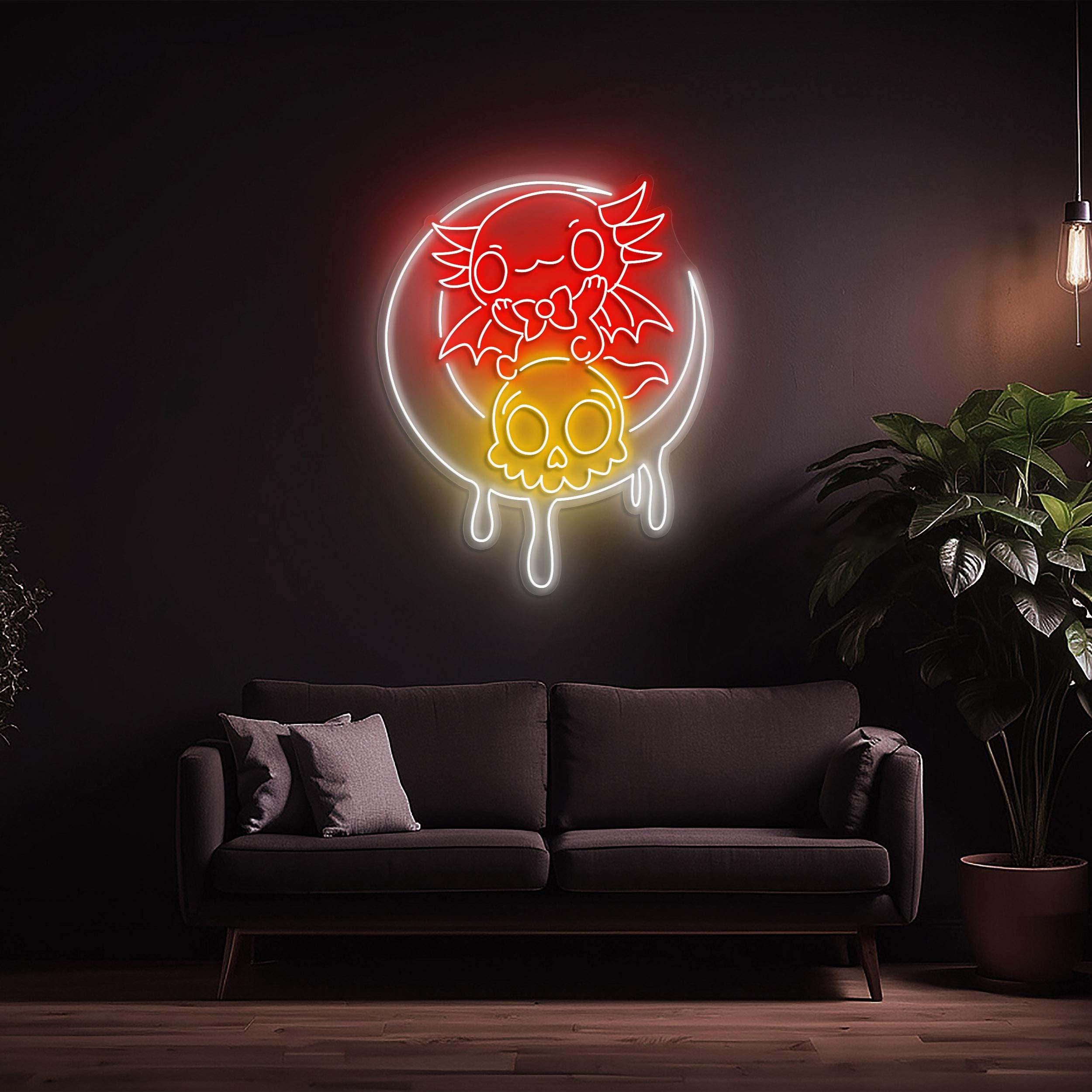 Moon Dipping Neon Sign, Cute Cat and Skull Led Neon Light, Kitty on Moon Sign, Cat Moon Light for Room, Party, Game Room Decor, Led Wall Art