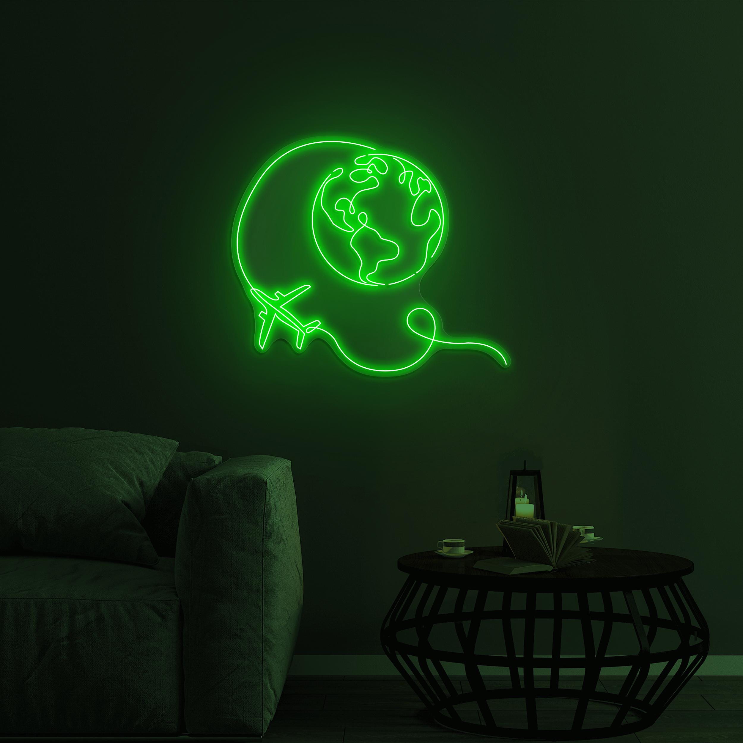Earth and Airplane Neon Sign, Travel World LED Light, Earth and Airplane LED Art, Home Wall Decor, Travel Agency Wall Decor, Airplane Sign