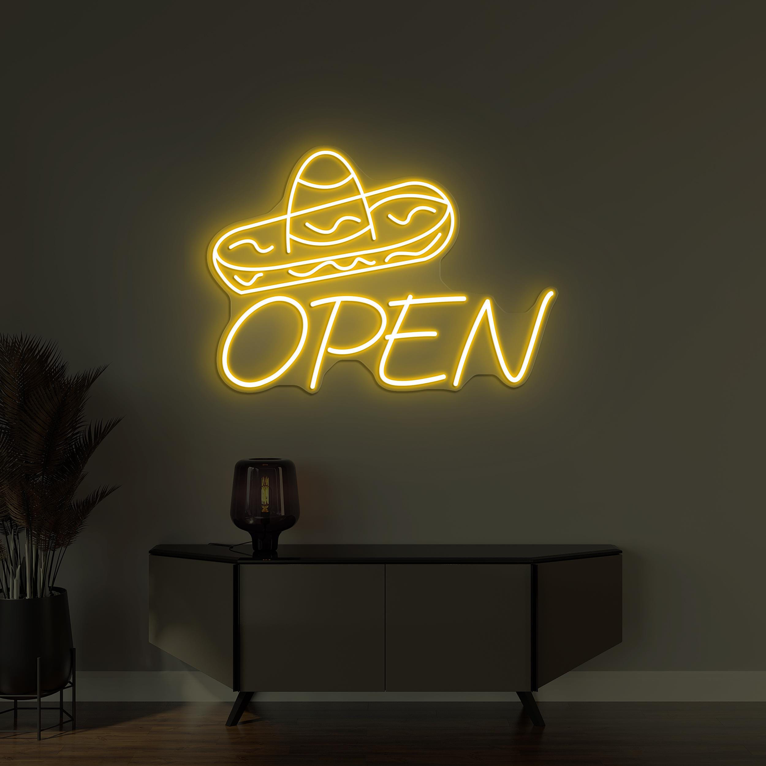 Sombrero hat Open Neon Sign, Mexican Hat LED Light, Custom Neon Sign, Restaurants Wall Decor, Open Shop Wall Art, Business Logo Wall Sign