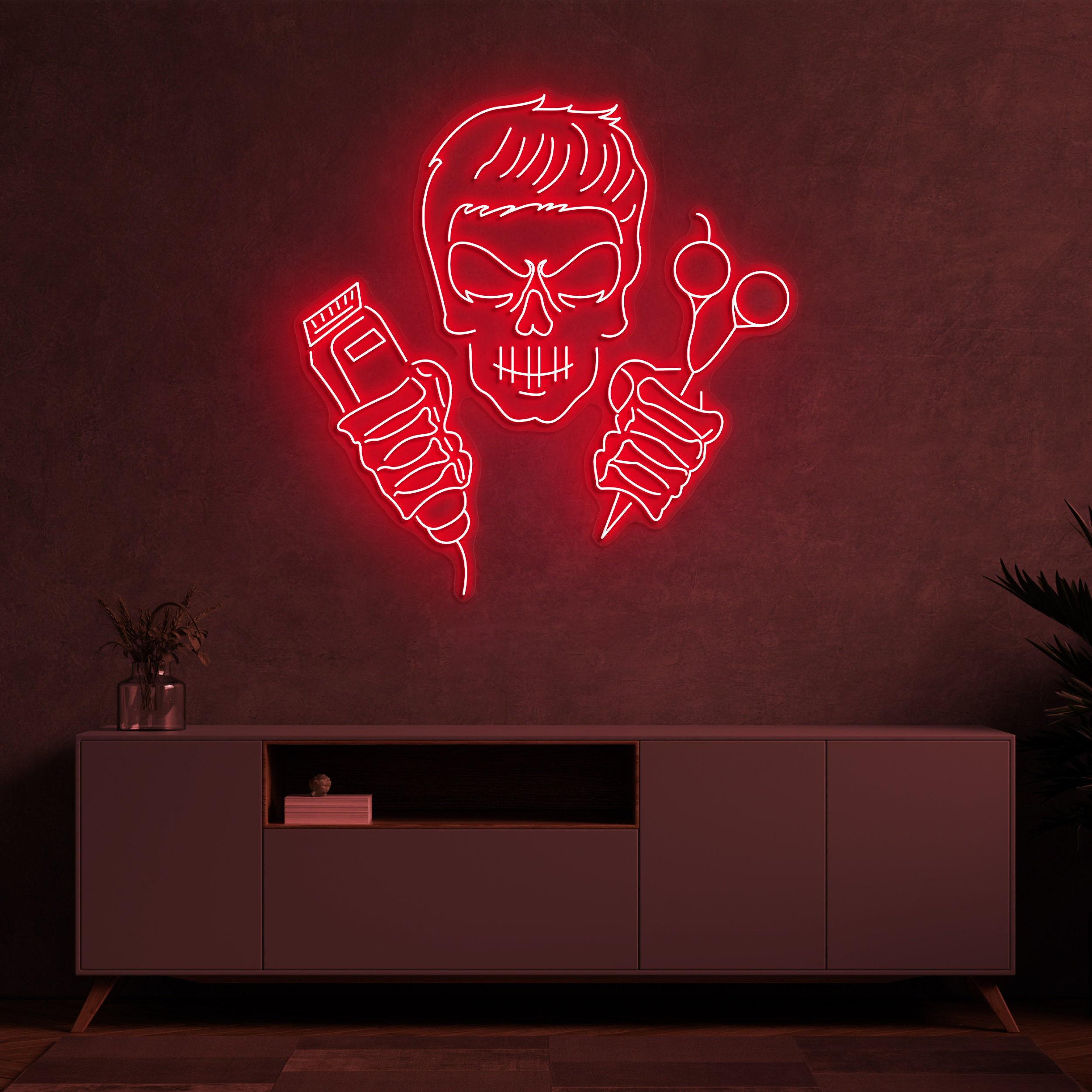Skull Barber Neon Light, Clippers and Scissors Sign, Neon Sign for Salon Decor, Skull Head LED Light Sign, Led Decor For Hair Salon and Shop