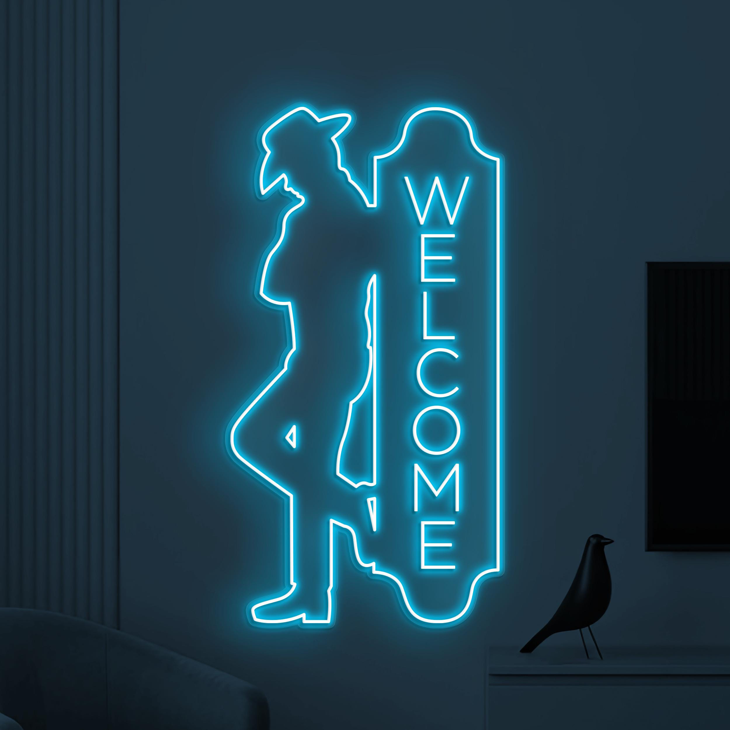 Welcome Neon Sign, Welcome LED Light, Cowboy Man Wall Decor, Cafe Neon Sign, Personalized Welcome Sign, Open Shop Sign, Business Logo Art