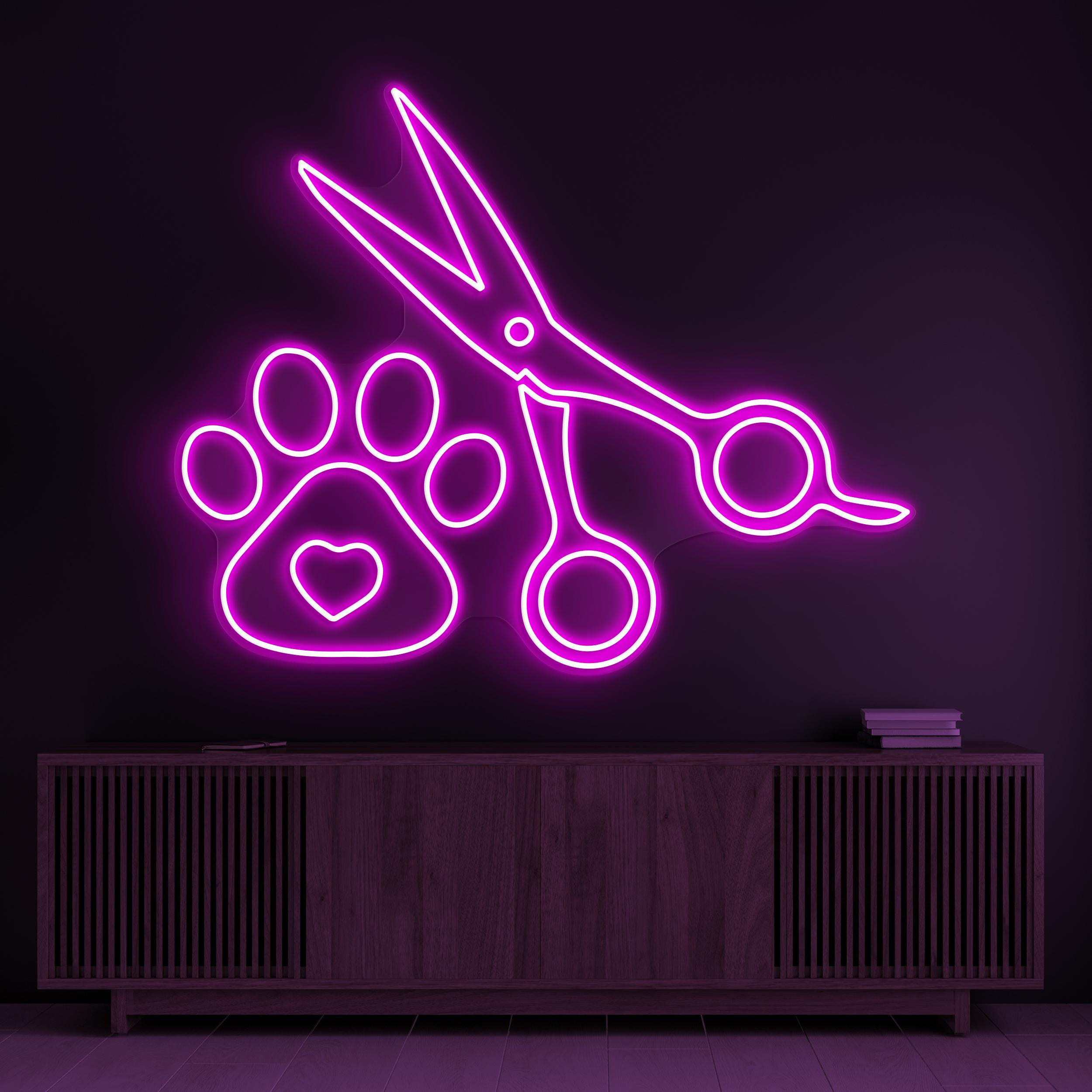 Paw with Scissors Neon Sign, Paw with Scissors LED Light, Pet Grooming Wall Art, Dog Cat Pet Service Sign, Pet Shop Decor, Paw Neon Art