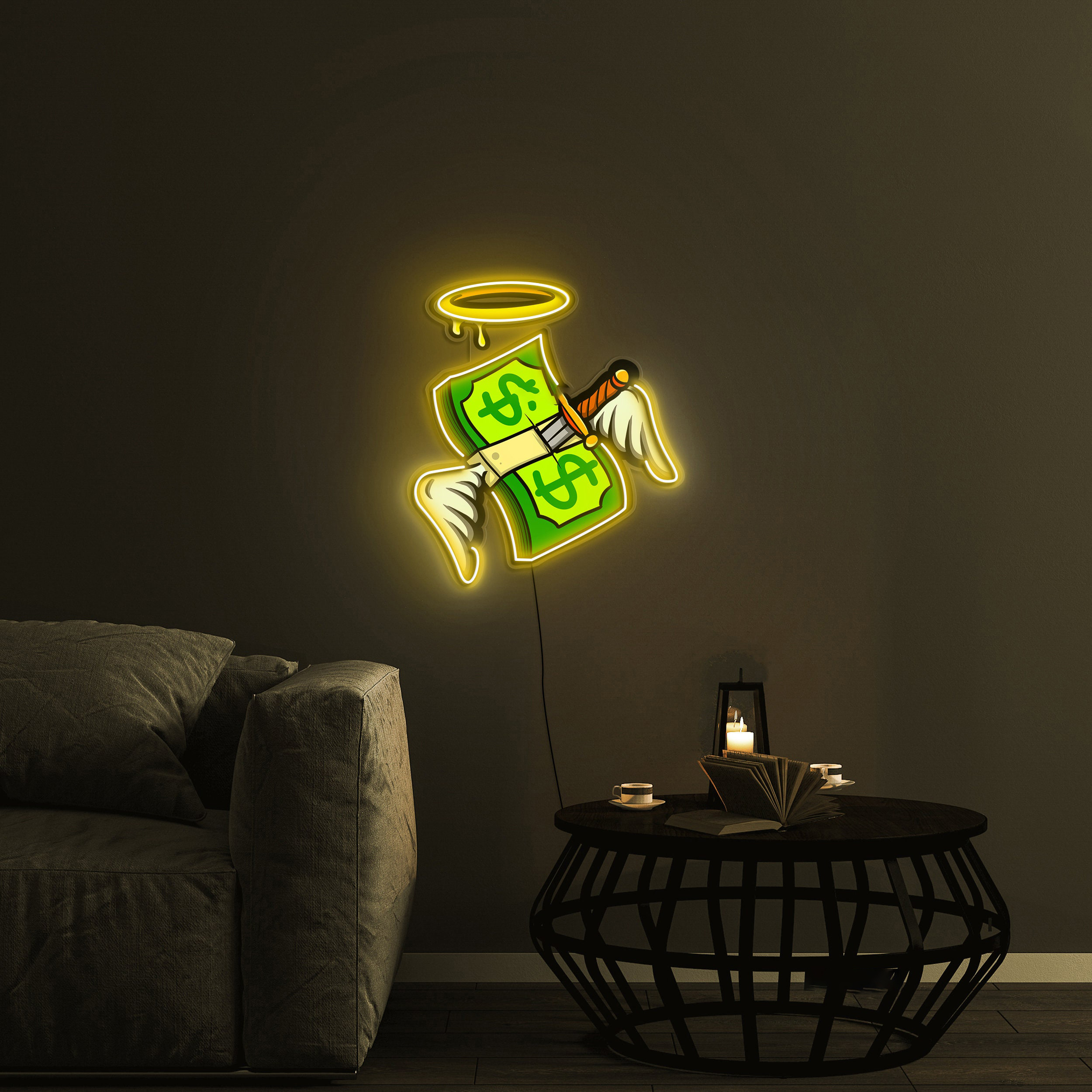 Money Neon Sign, Wings and Halo LED Pop Art, Bar and Game Room Decor, Unique Gift, Cash Neon Sign,Custom Neon Art for Home or Business Decor